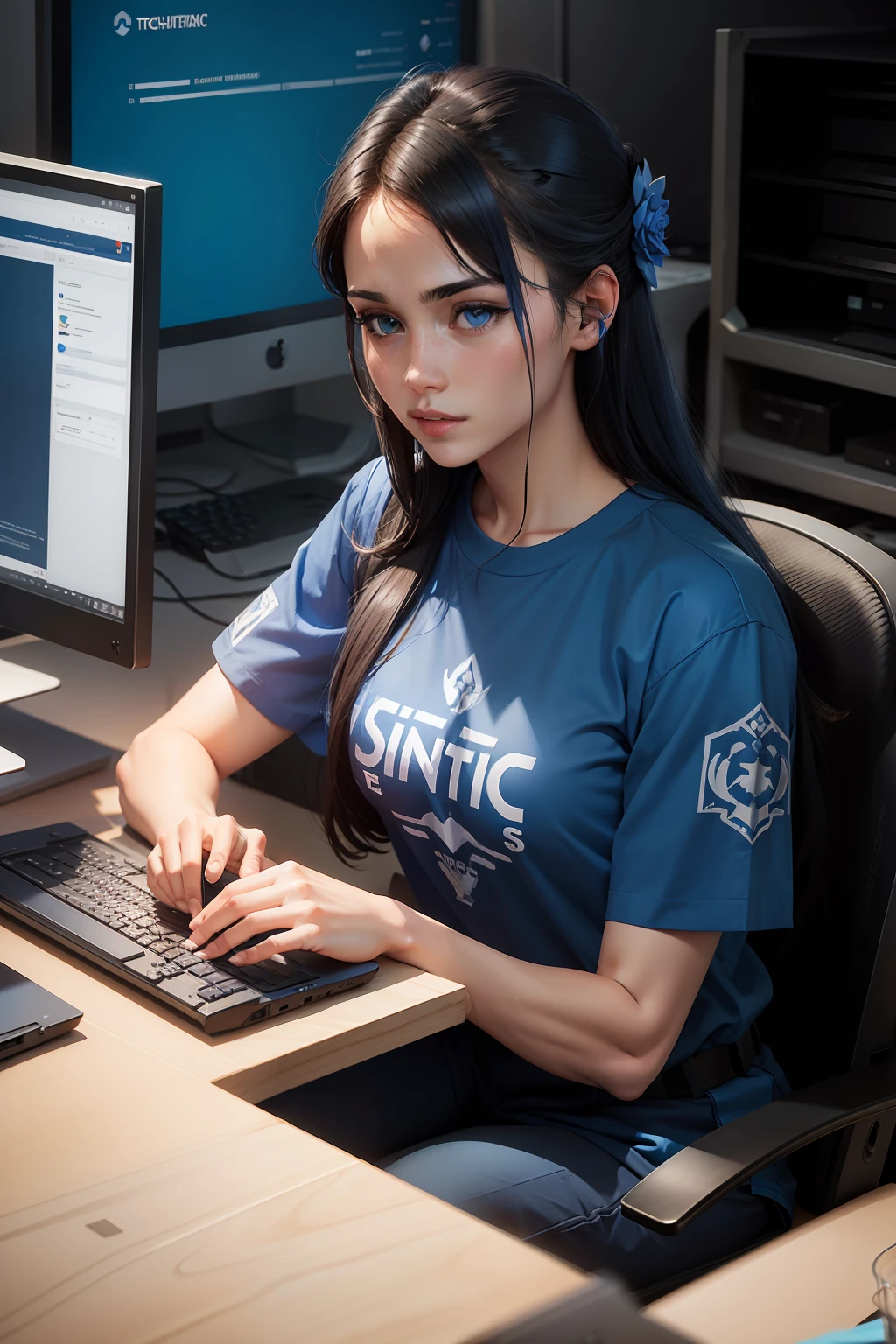 Make an avatar for a tech company with a royal blue sintec company t-shirt computer technician outfit