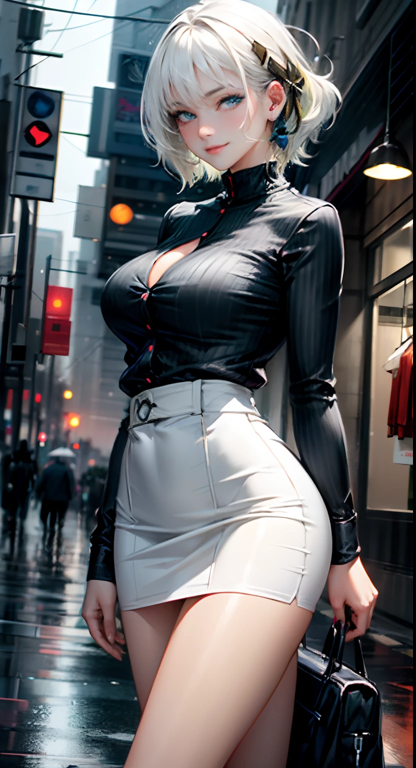 Big breasts, 1girl, ((white hair with green streaks)) ((girl)) blue eyes, has an extremely sexy body, with full breasts and thin waist, and a sexy body, long-sleeved blouse short skirt stylish delicate fabric, has a youthful appearance. young, quality, realistic, best quality, cute expression, shy smile, standing in front of the store, heavy rain, half side angle, watching the rain