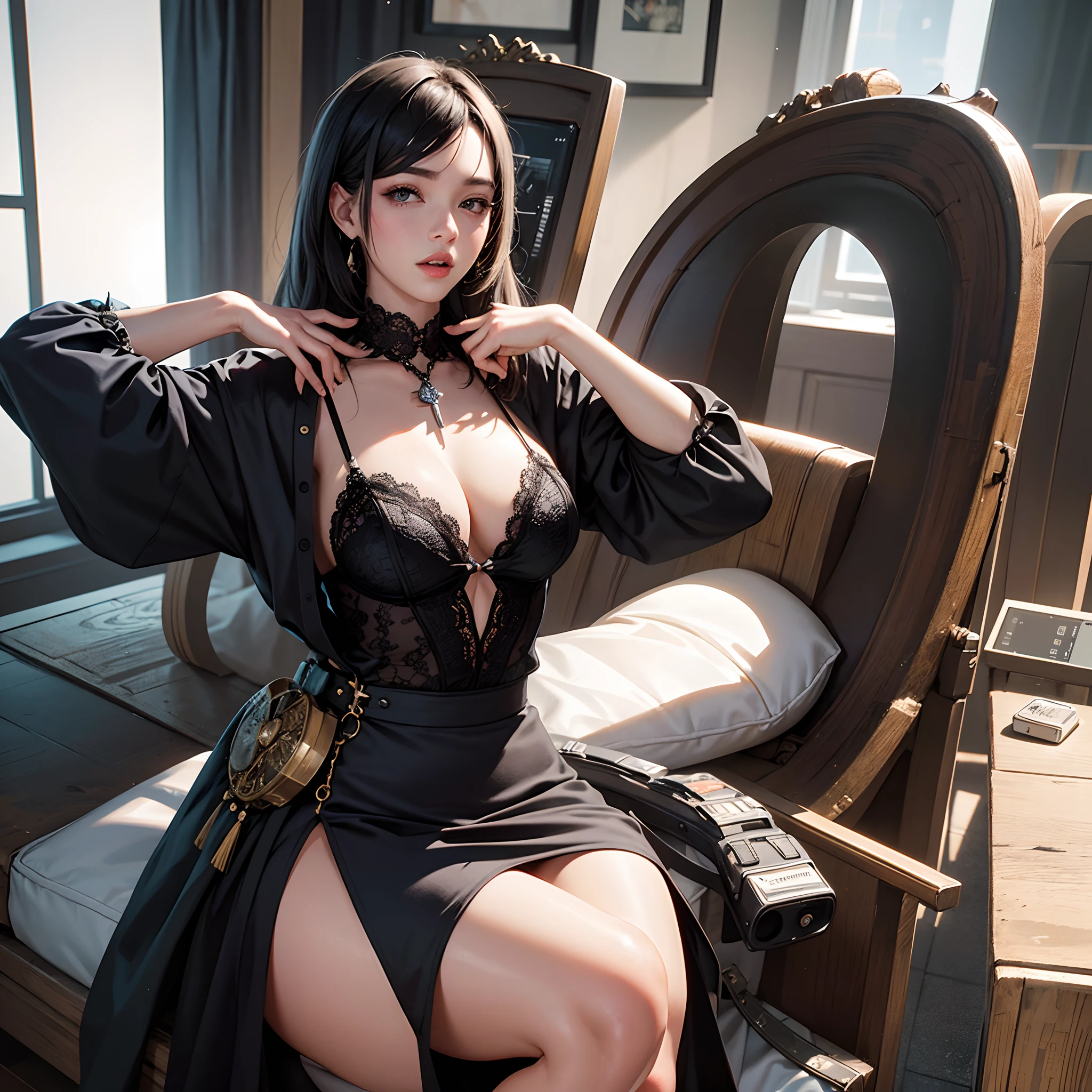 obra-prima, melhor qualidade, ultra-detalhado, illustration, epic stark lighting, cinematic  composition, isometric, 1girl, solo, bonita, olhos azuis, cabelo preto com rabo de cavalo, camisola de dormir preta, meia transparente, middlebreasts, marca do biquinho dos seios, olhar cativante, pose sexy, dentro de casa, s office, escrivaninha, computador, annotations, caneta, olhando para o espectador, foto da metade do corpo, blush, sorriso sedutor, boca fechada, (8k:1.1)