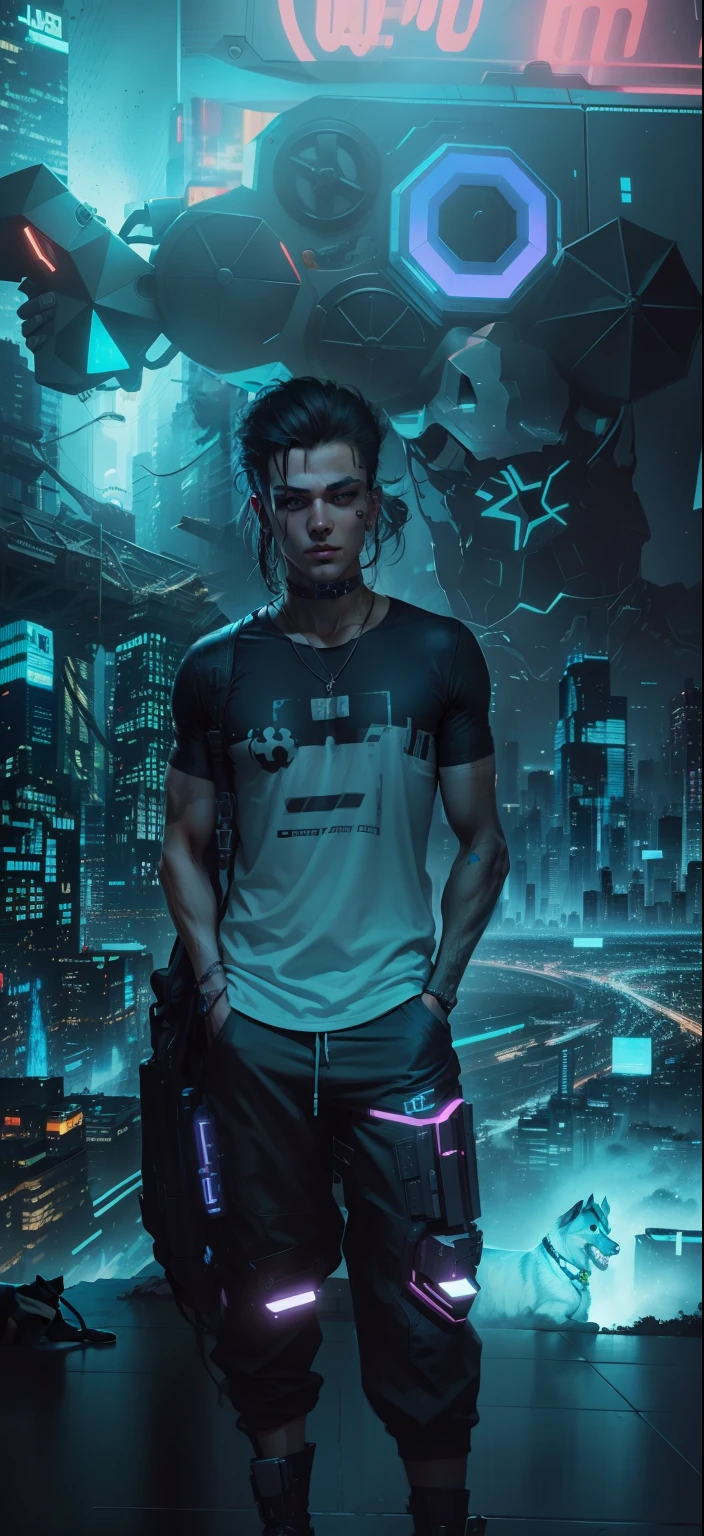Cyberpunk handsome boy ultra realistic with dog holding on my hands