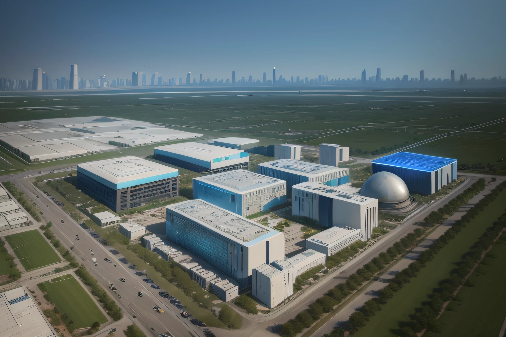 sense of science and technology,Futuristic,Abstract lines,Geometry,Particle,Virtual world,blue colors,Biotechnology,fully-organic,utopian, Dramatic lighting,cinematicbloom(Isometric aerial perspective:1.2),Clear and crisp,far off,(Big City:1.1),Residential Residential Tower,ads,Industrial manufacturing facilities,Reflective glass,Cool