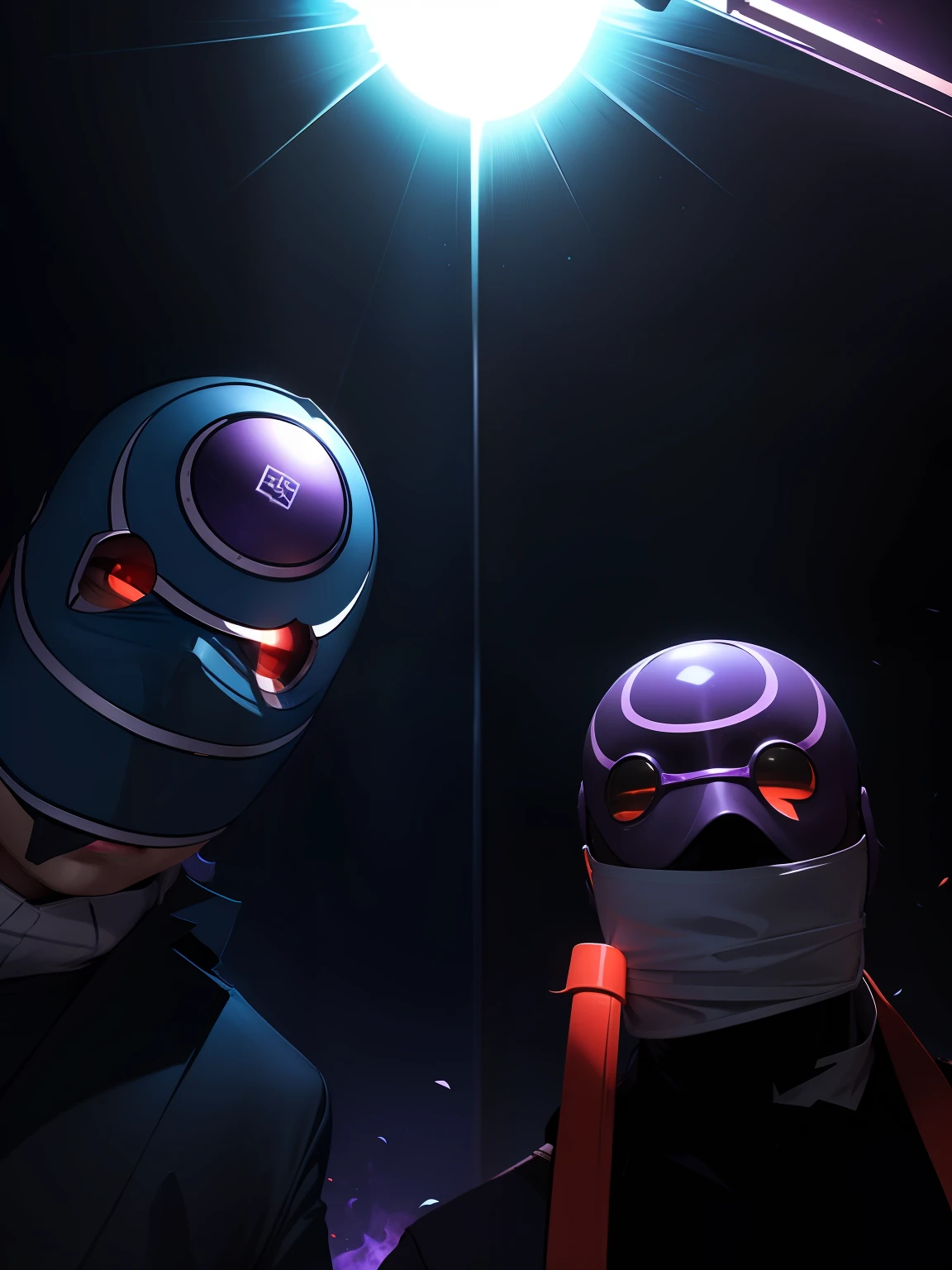 Two men in white masks，Wear dark blue，The glasses are red，One purple