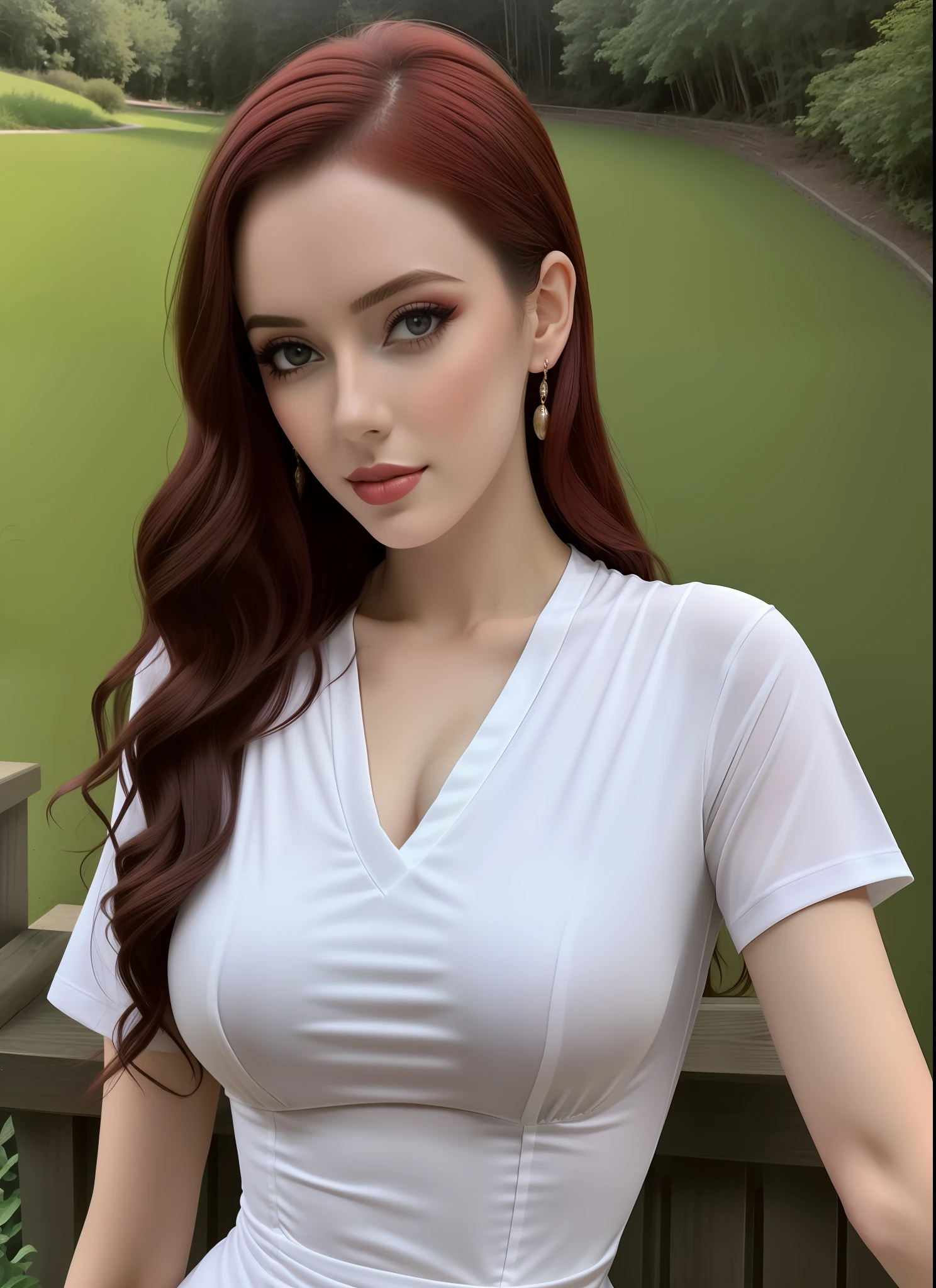 Lucie Pinder, face portrait, ((Maquillage très intense)), ((rouge à lèvres brillant)), ((se maquiller)), Souriant, cheveux courts, cheveux noirs, cheveux courts, femme voluptueuse, t-shirt à manches longues, T-shirt blanc, Blue Jeans, clivage, dos, De belles fesses, talons hauts, Séance, les tétons apparaissent à travers le t-shirt, poitrine énorme, décolleté énorme