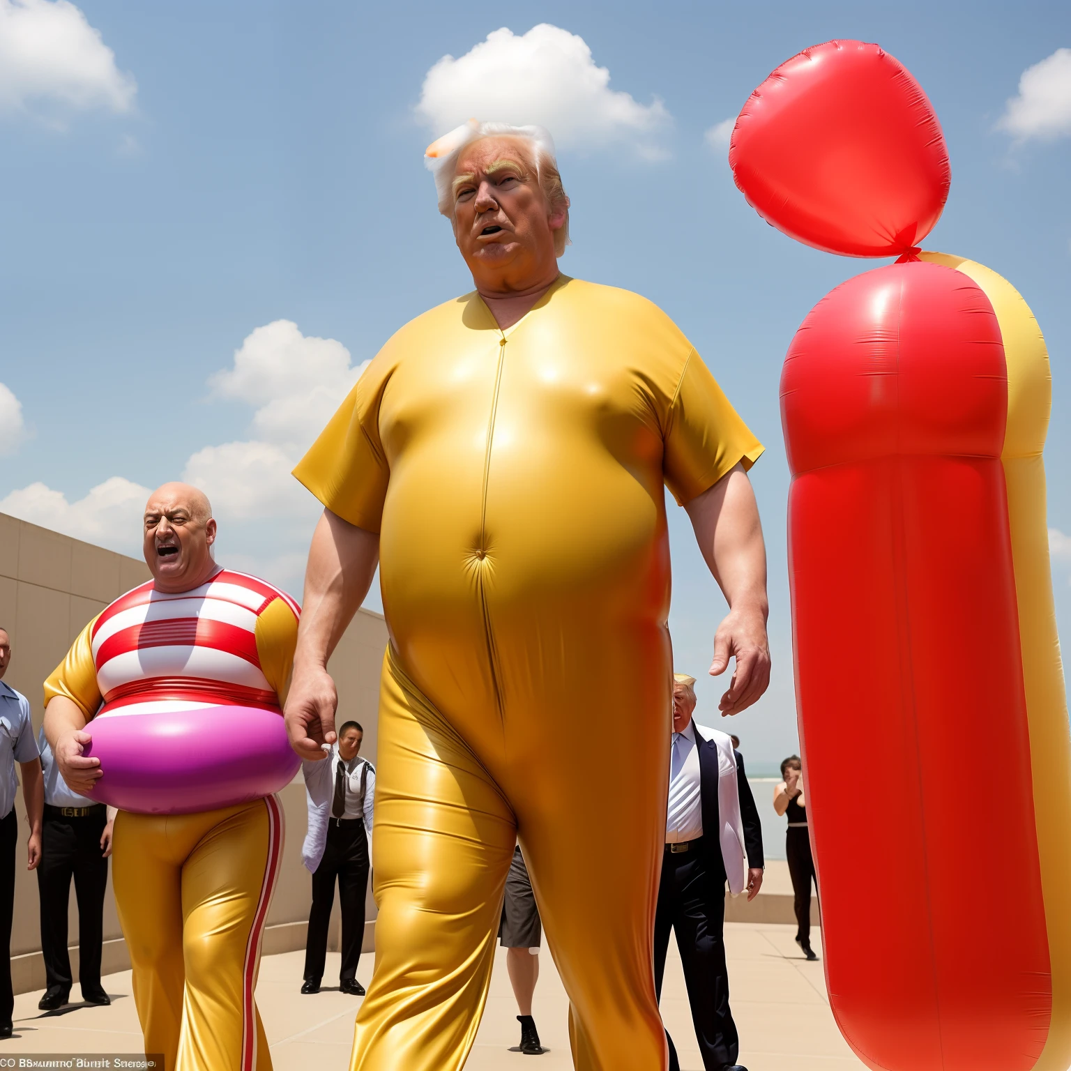 a High-resolution realistic portrait photo of Donald Trump in a striped prison jumpsuit, armed with a giant inflatable balloon labeled 'Escape Plan,' tiptoeing behind bars. As he attempts to sneakily float away, a group of bumbling security guards with puzzled expressions chase after him, armed with feather dusters instead of batons. Let the hilarity unfold in this whimsical jailbreak adventure!"