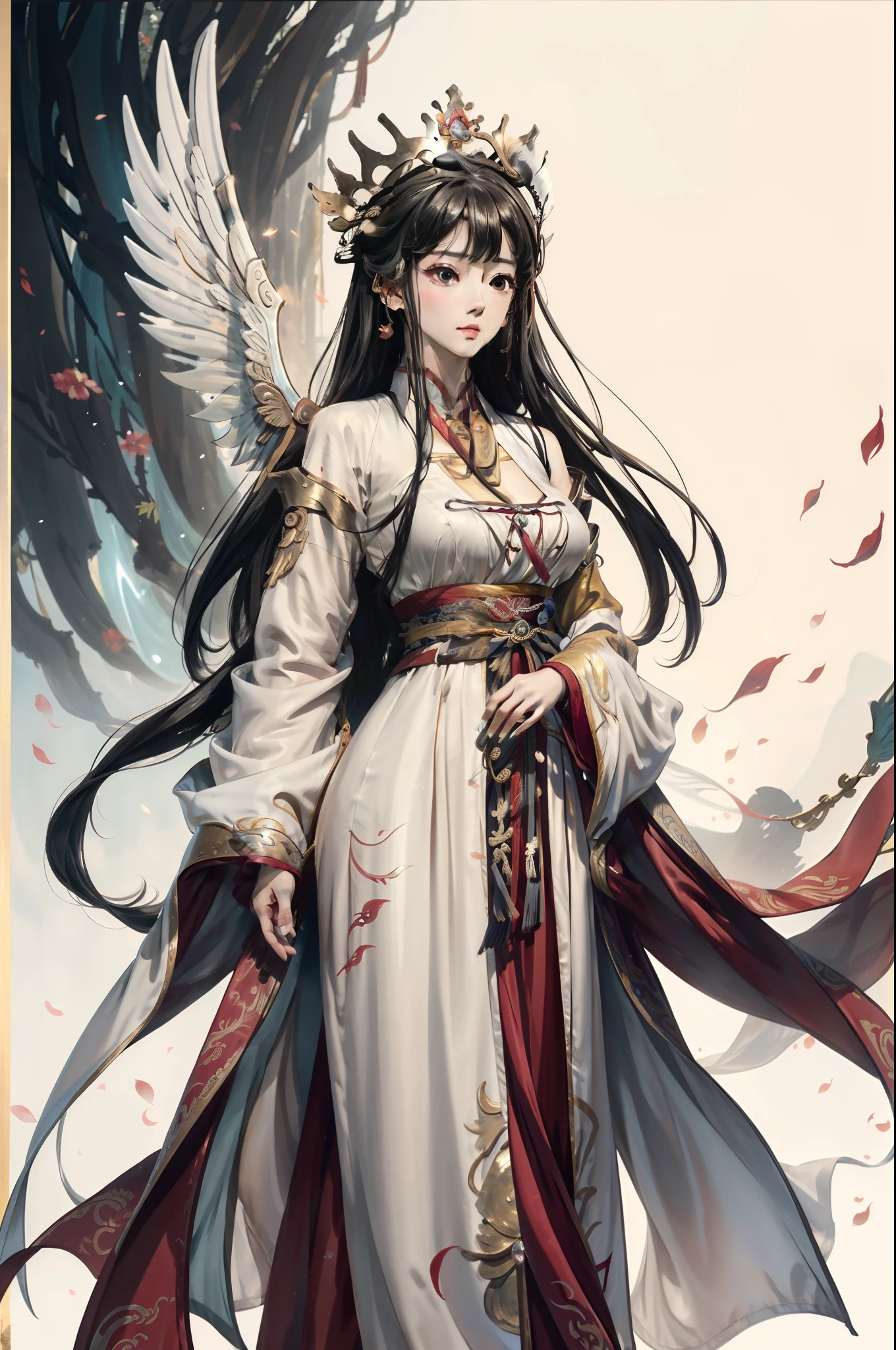 a close up of a girl in dress, big breasts, mechanical wings, crown, flowing hair and long robes, full body xianxia, beautiful character painting, hanfu, inspired by Wu Daozi, by Yang J, full body wuxia, inspired by Ma Yuanyu, inspired by Qiu Ying, sharp line