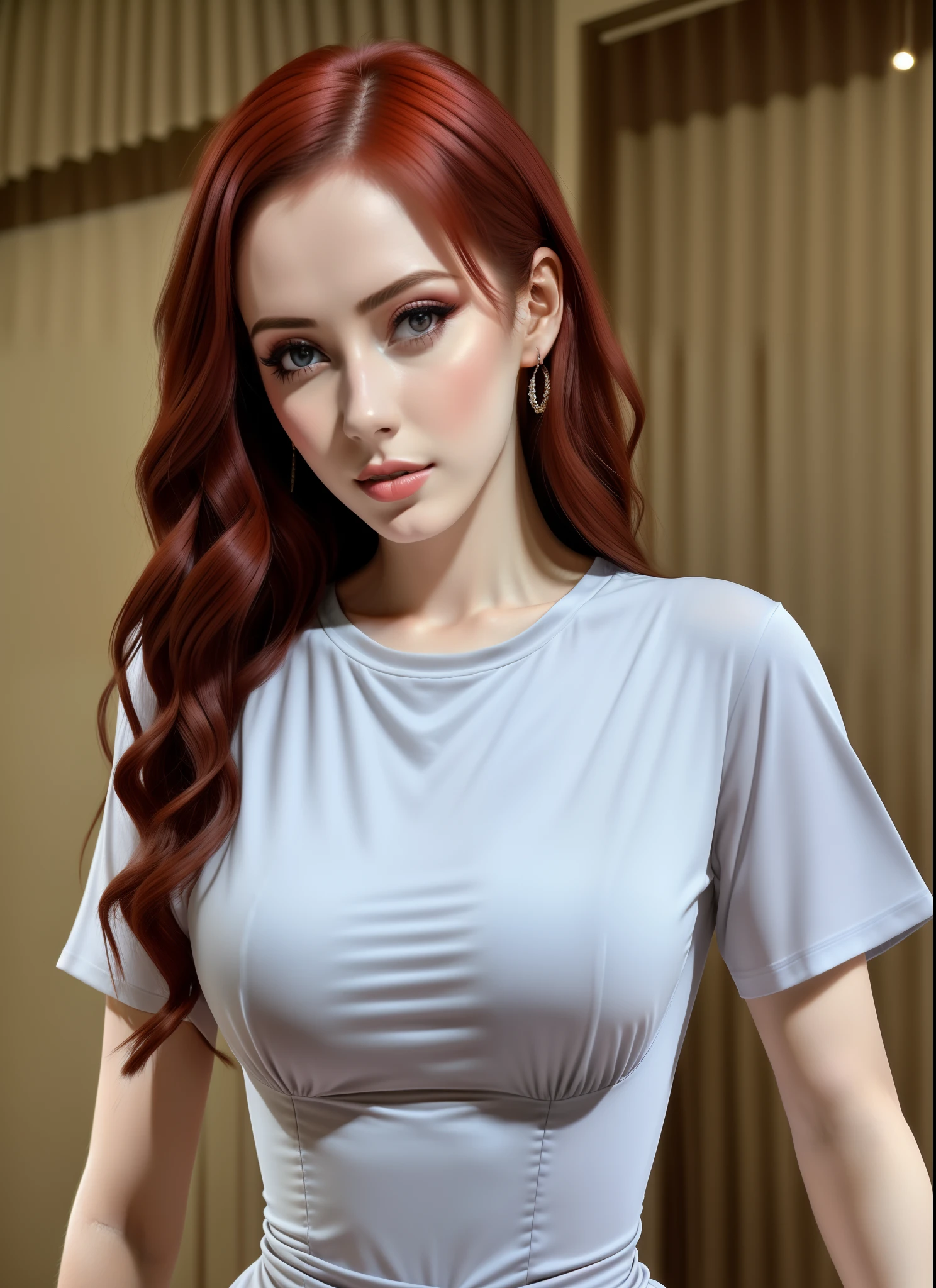 ginger with a small penis, 22 years old, realistic, she is wearing a night shirt, she has a small hard cock, she is wearing a thin silky shirt, hard nipples, her small hard penis visible through his shirt.