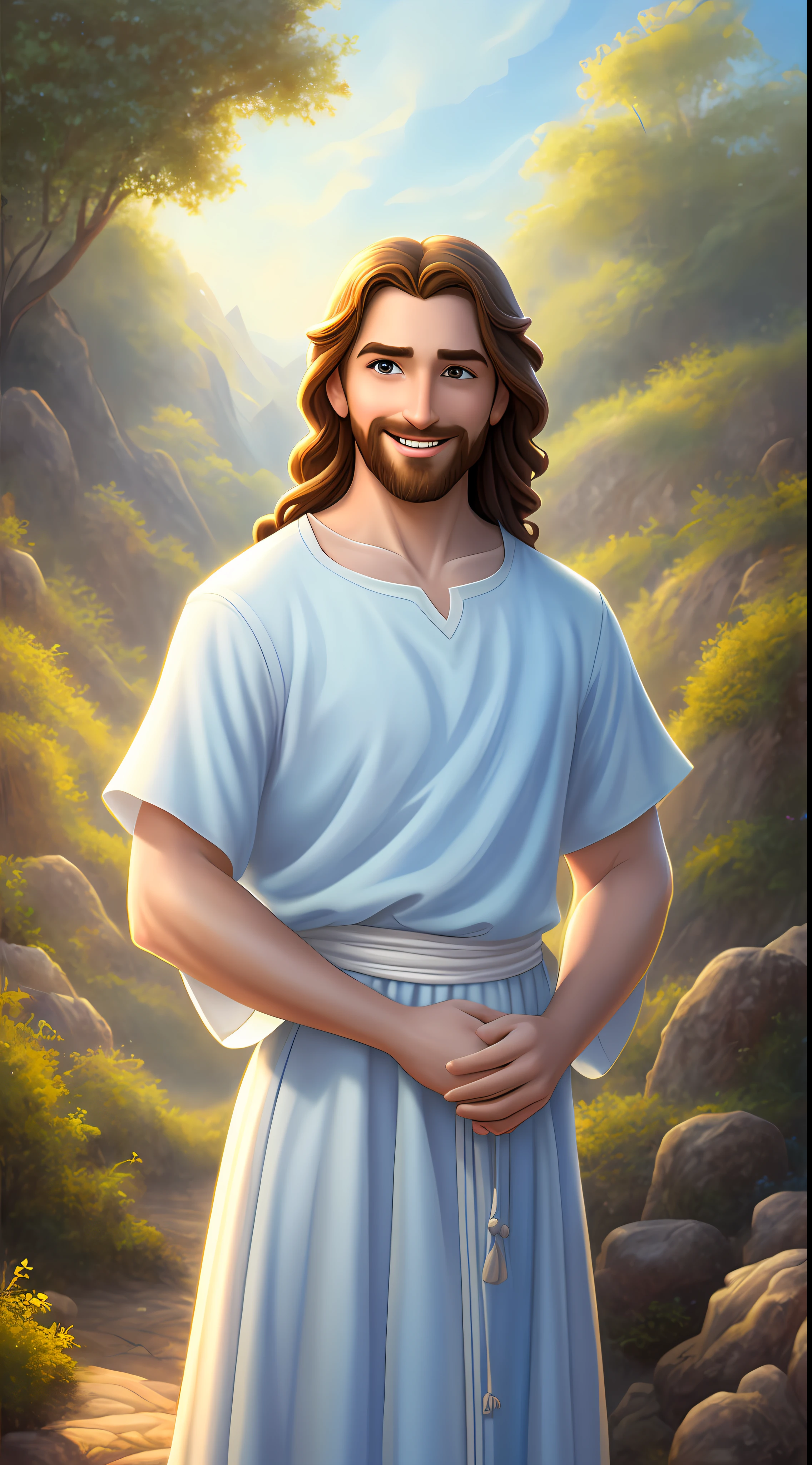 Original art quality, full body picture, Disney character animation style, young and handsome Jesus God, standing posture, hands naturally placed on both sides, looking ahead, gentle expression and smiling, eyes full of light, background light blue, translucent, with light as the theme, the focus of light is on the characters, the overall picture is fresh and bright.