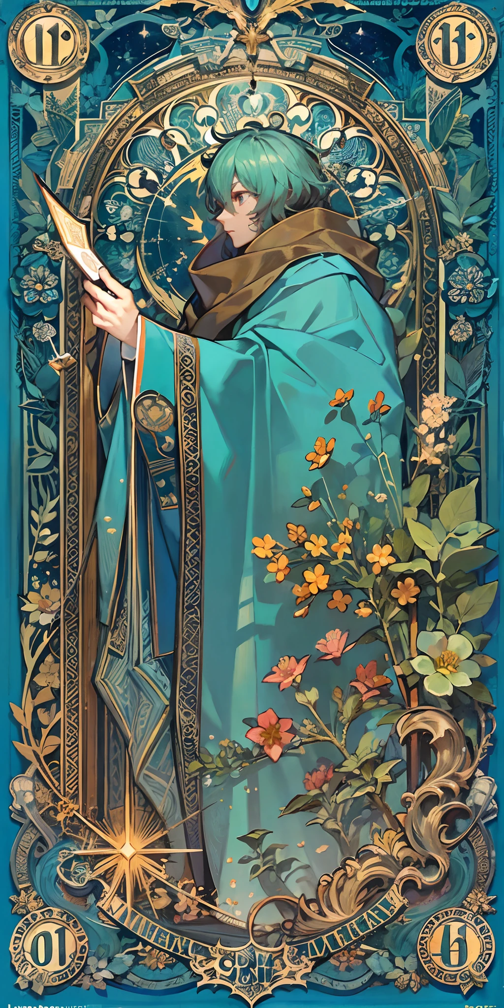 merlin,The Sorcerer of Avalon, Court magician,Magic robes,Time magic,Flower frame,Blue decorative panels, abstract artistic, Alphonse Mucha (tmasterpiece, best qualtiy, A high resolution: 1.4), A detailed, Complicated details, 4K, Color splattering, Line art, Fibonacci, (tarot cards),Cards,blue-sky,suns,rays of sunshine,The cloudy,Lake,Water magic,
