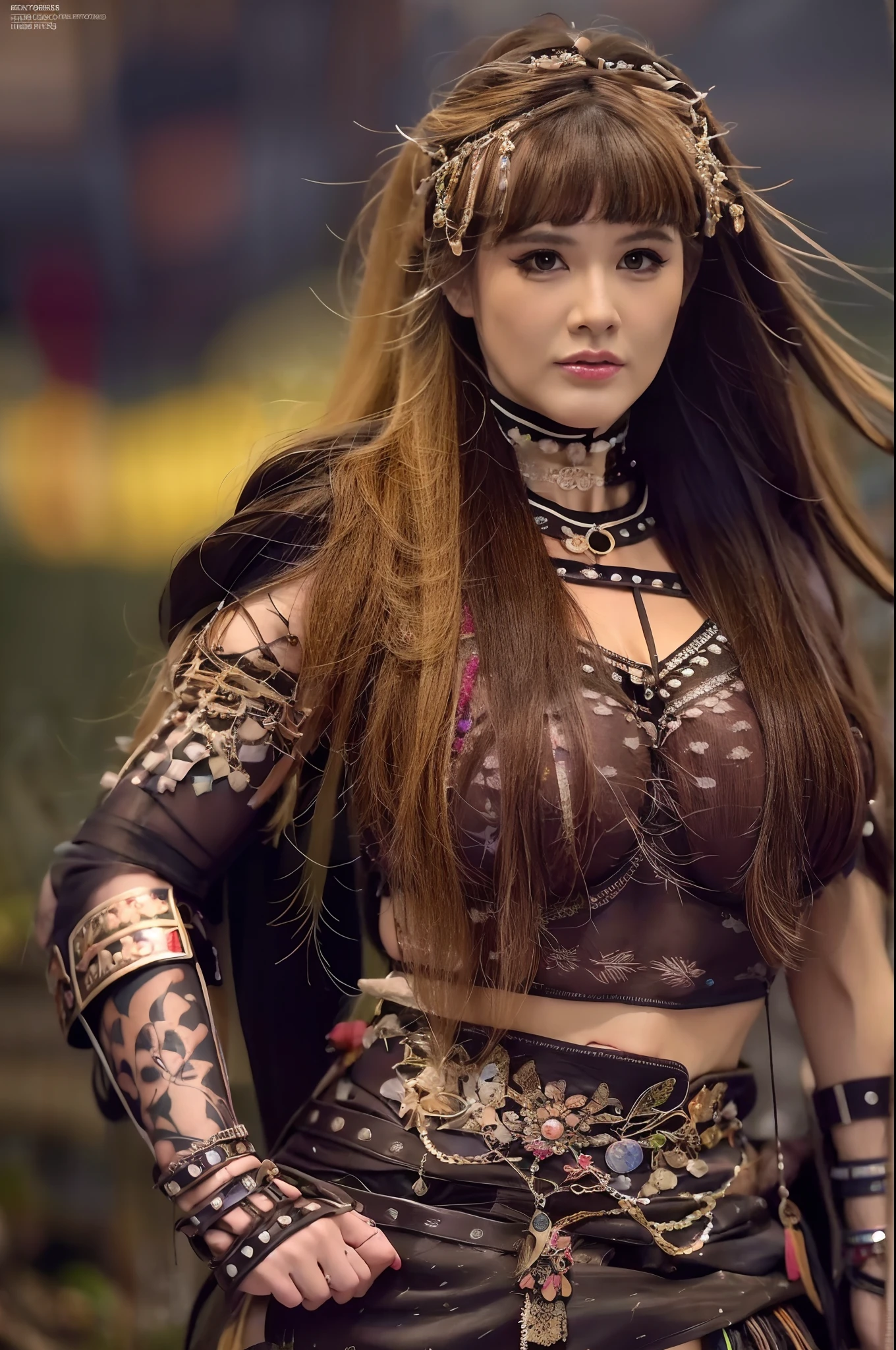 Una mujer vestida como Xena, The warrior princess and with a strange style of hair and makeup, Pose for the cover of a rock metal album. (La mejor calidad)  obra maestra (pechos grandes) ((cabello rubio)) (cuerpo delgado)