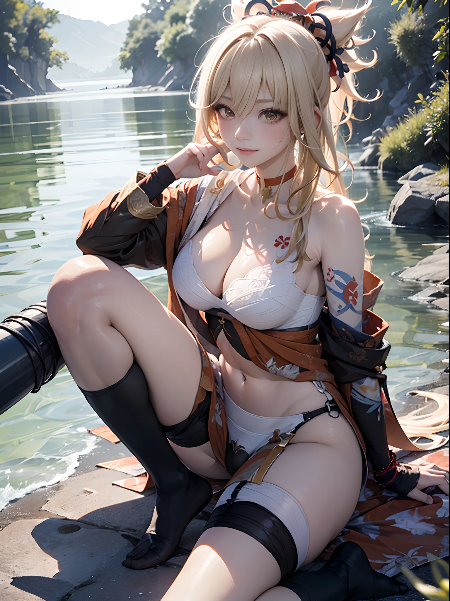 (Enrich the picture,Masterpiece level quality)Beautiful 8K CG artwork,Goddess-like posture,sittinng on the river,Postural exercises,Slim and soft,Translucent skin,golden hair、The beauty of extra-long hair, Super Long Straight Hair,The skin is fair and juicy,Big breasts underwear uniform,Perspective Part 1.2x enhanced silhouette effect,Exquisite transparent blues pattern in pajamas,The details are intricate and exquisite,The background is slightly blurred,Charming and lustful leg seduction,Drool,J cup big breasts,Blush,Japan goddess,Perfect body slim curves,Scene by the sea,
