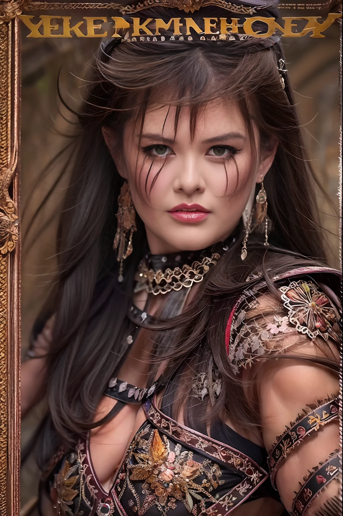 Una mujer vestida como Xena, The warrior princess and with a strange style of hair and makeup, Pose for the cover of a rock metal album. (La mejor calidad) obra maestra (pechos grandes) ((cabello rubio)) (cuerpo delgado)