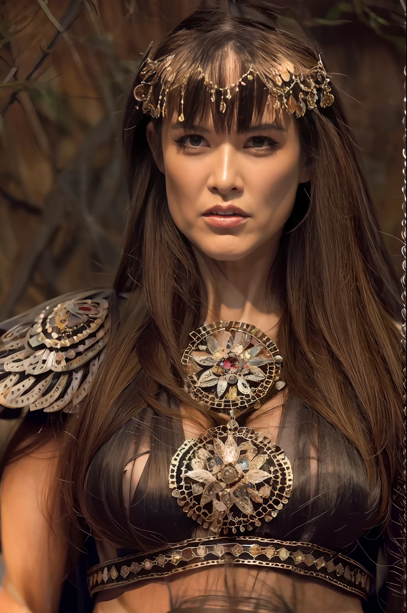 Una mujer vestida como Xena, The warrior princess and with a strange style of hair and makeup, Pose for the cover of a rock metal album. (La mejor calidad)  obra maestra (pechos grandes) ((cabello rubio)) (cuerpo delgado)