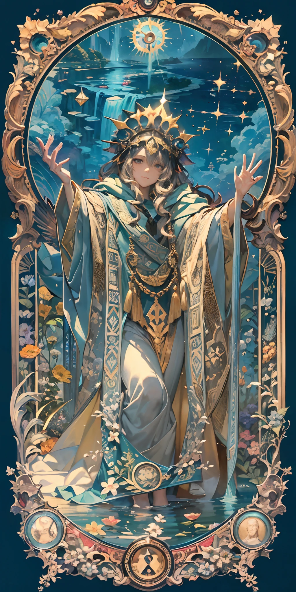 merlin,The Sorcerer of Avalon, Court magician,Magic robes,Time magic,Flower frame,Blue decorative panels, abstract artistic, Alphonse Mucha (tmasterpiece, best qualtiy, A high resolution: 1.4), A detailed, Complicated details, 4K, Color splattering, Line art, Fibonacci, (tarot cards),Cards,blue-sky,suns,rays of sunshine,The cloudy,Lake,Water magic,