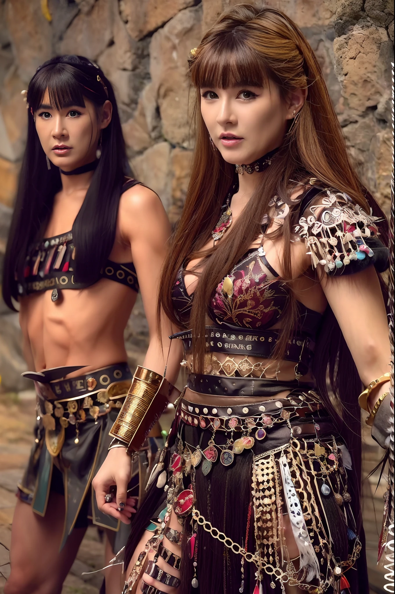 Una mujer vestida como Xena, The warrior princess and with a strange style of hair and makeup, Pose for the cover of a rock metal album. (La mejor calidad)  obra maestra (pechos grandes) ((cabello rubio)) (cuerpo delgado)