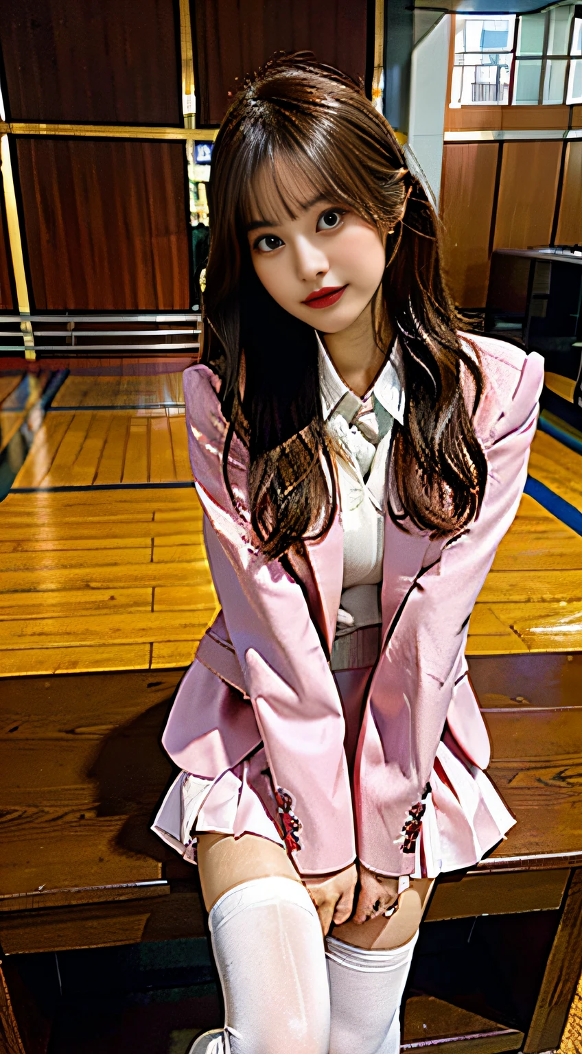 (Photogenic,8K,RAW photos,best qualtiy,tmasterpiece:1.2),Pink blazer school uniform,mini-skirts,Voluptious body,The suit exposes the breasts,Large,Wear leg rings,Brown leather boots,Sit on the podium,Panties can be seen by crossing the legs,point to,beauitful face,with long coiled hair,shiny thighhighs,Pure white skin,jpn,Female Student,hentail realism