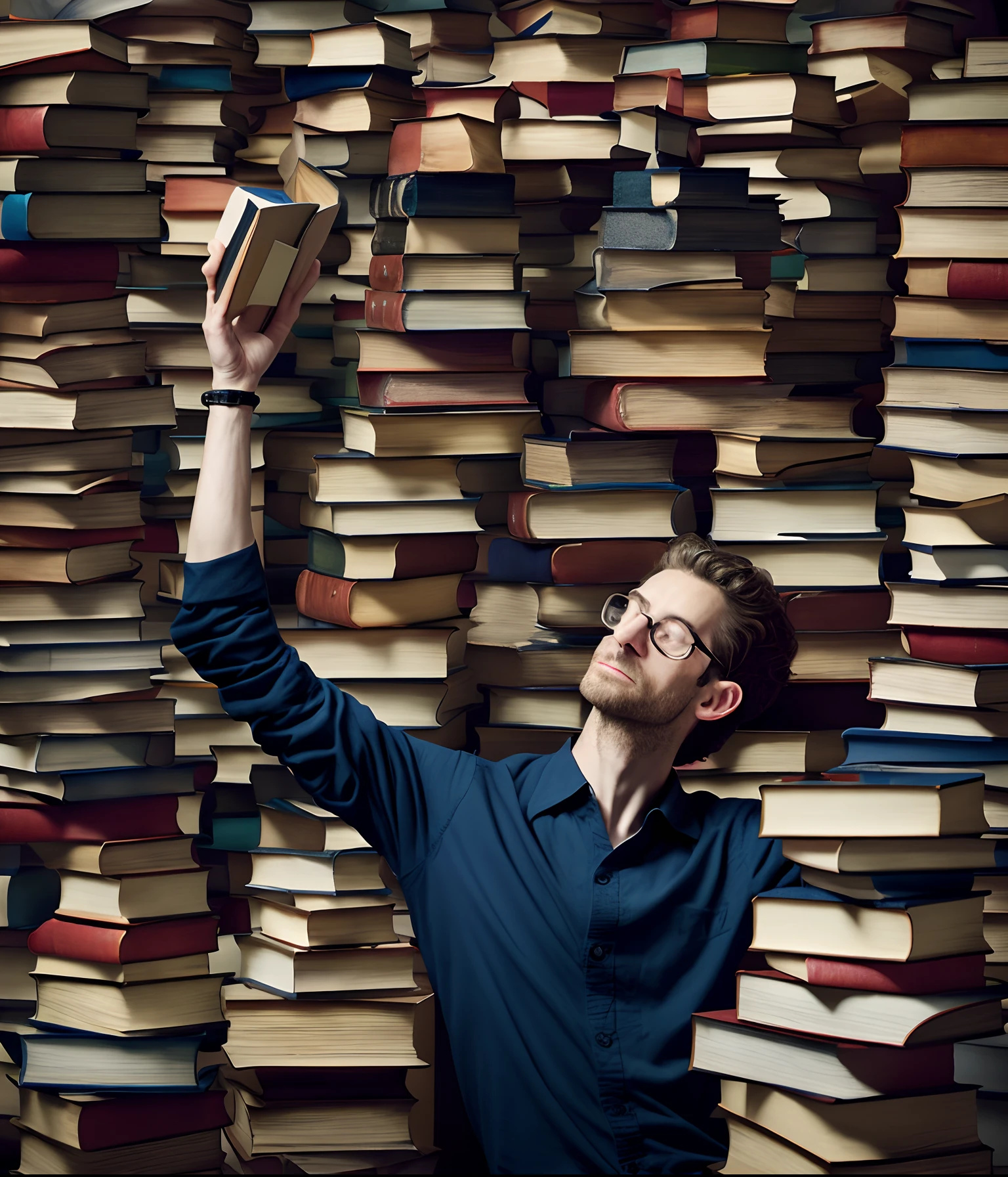 The Arafards lie on a pile of books,hands on head, dramatic reading book pose, Filled with books, endless books, Book trophy, dramatic reading spell book pose, editorial photograph, Studious, by Galen Dara, alex kanevsky, skinny male fantasy scientist, author:Alexander Giemsky, promo shot, Books, Book Cave