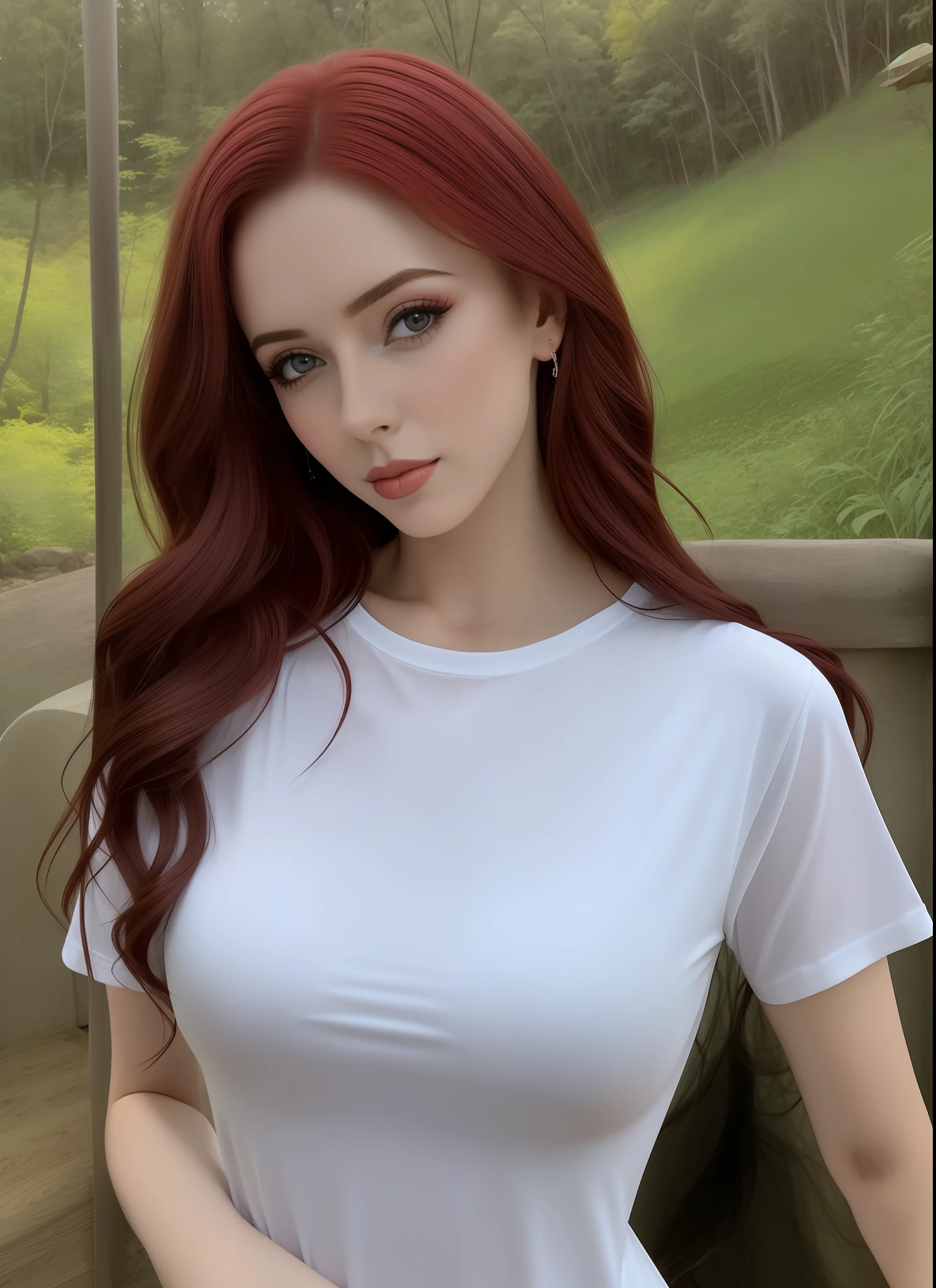 mulher linda arafed sentada em um banco, Anna Nikonova aka Newmilky, angelawhite, vestido com uma camiseta branca, 23 anos, namorada russa, Amouranth, camisa apertada, 2 Modelo feminina de 4 anos, vestido com camisa branca, Garota sexy, Taran Dasha