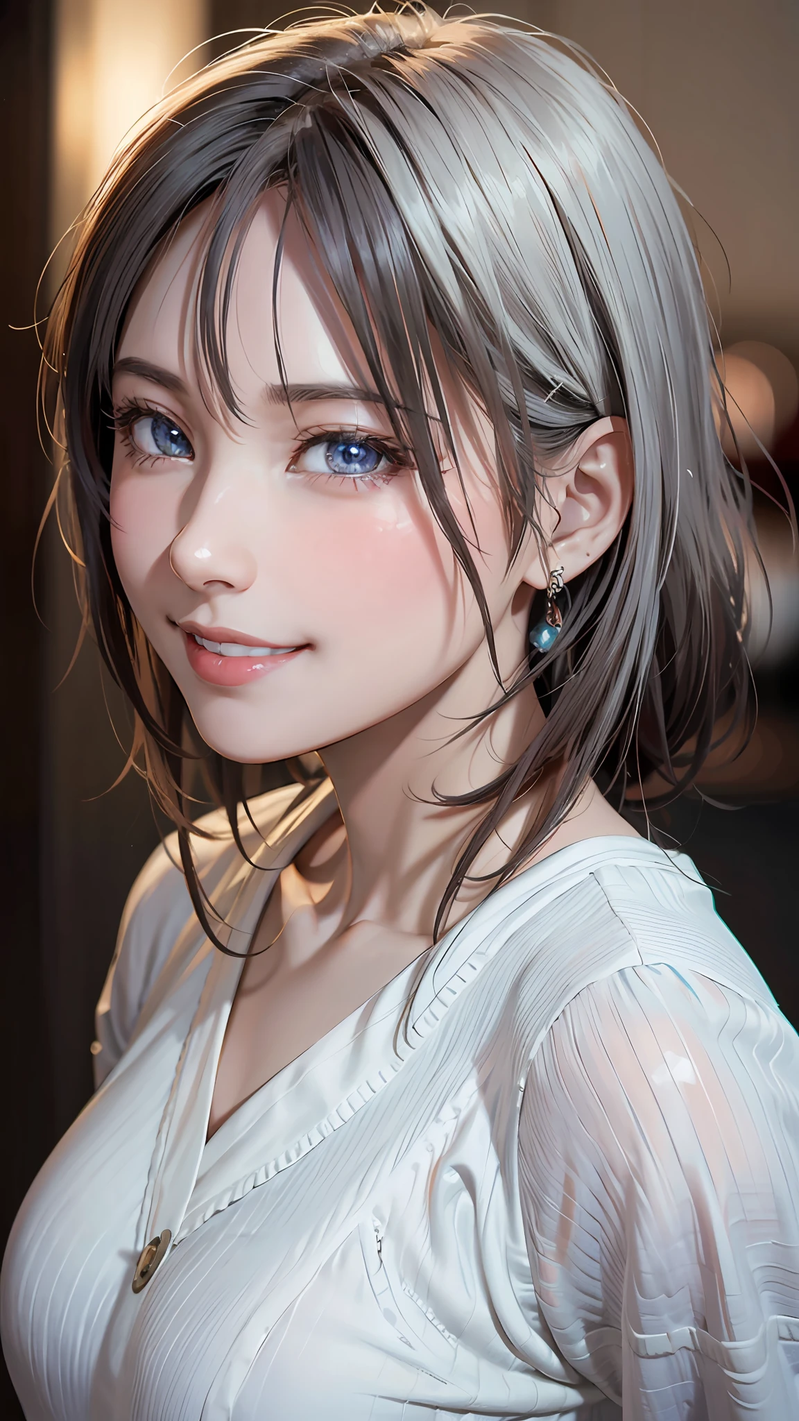 (8K), (Best Quality), (masutepiece:1.3), (Realistic), (Photorealsitic), Super Beautiful One Girl, Cute,(Smile,Beautiful detailed eyes, beautiful detailed nose)、 ((white  shirt)), a short bob, ((Dramatic Lighting)),((Night))、A gaze that invites viewers