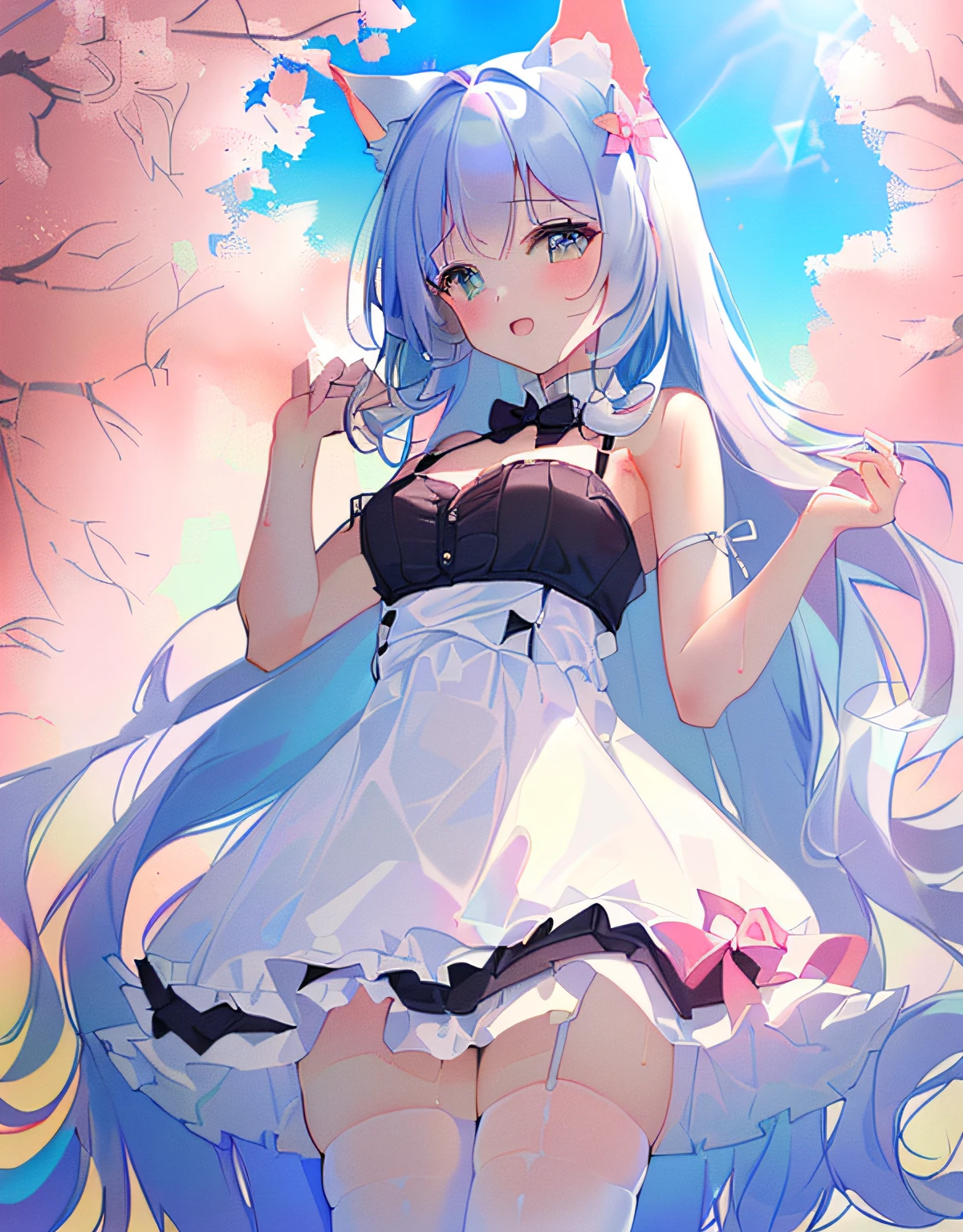 chinadress,wet,medium_breasts,white_thighhighs, {best quality}, {{masterpiece}}, {highres}, {an extremely delicate and beautiful}, original, extremely detailed wallpaper,1girl,{COLORFUL},{VIVID COLORS},{VIVID},{flat color},{Hand detail},{{Correct hand structure}},{cat_ears},{Background refinement},{Sharp fingers},{summer_dress}