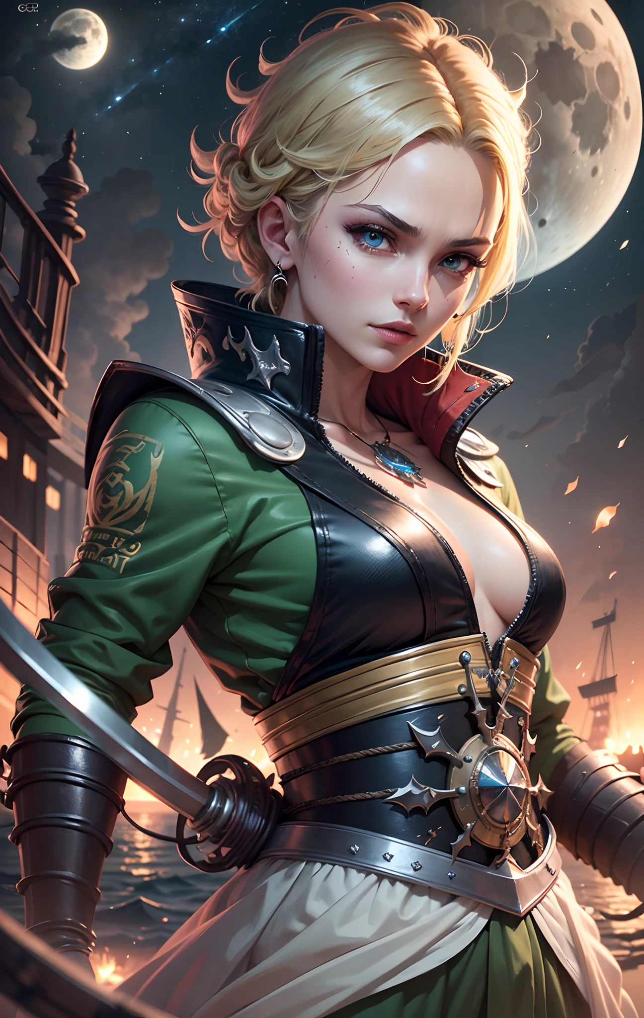 ((masterpiece)), best quality, high quality, ((extremely detailed CG unity 8k wallpaper)),(fantasy), a cartoon image of zoro from one piece looking battel worn. All three swords are equipped, standing on a broken ship in the sea, night time, he is attacking the moon, zoro portrait, highly detailed portrait of zoro, dragon ball artstyle, Bokeh, Depth of Field, HDR,Photorealistic,extremely detailed, trending on artstation, trending on CGsociety, Intricate, High Detail, dramatic, art by midjourney,