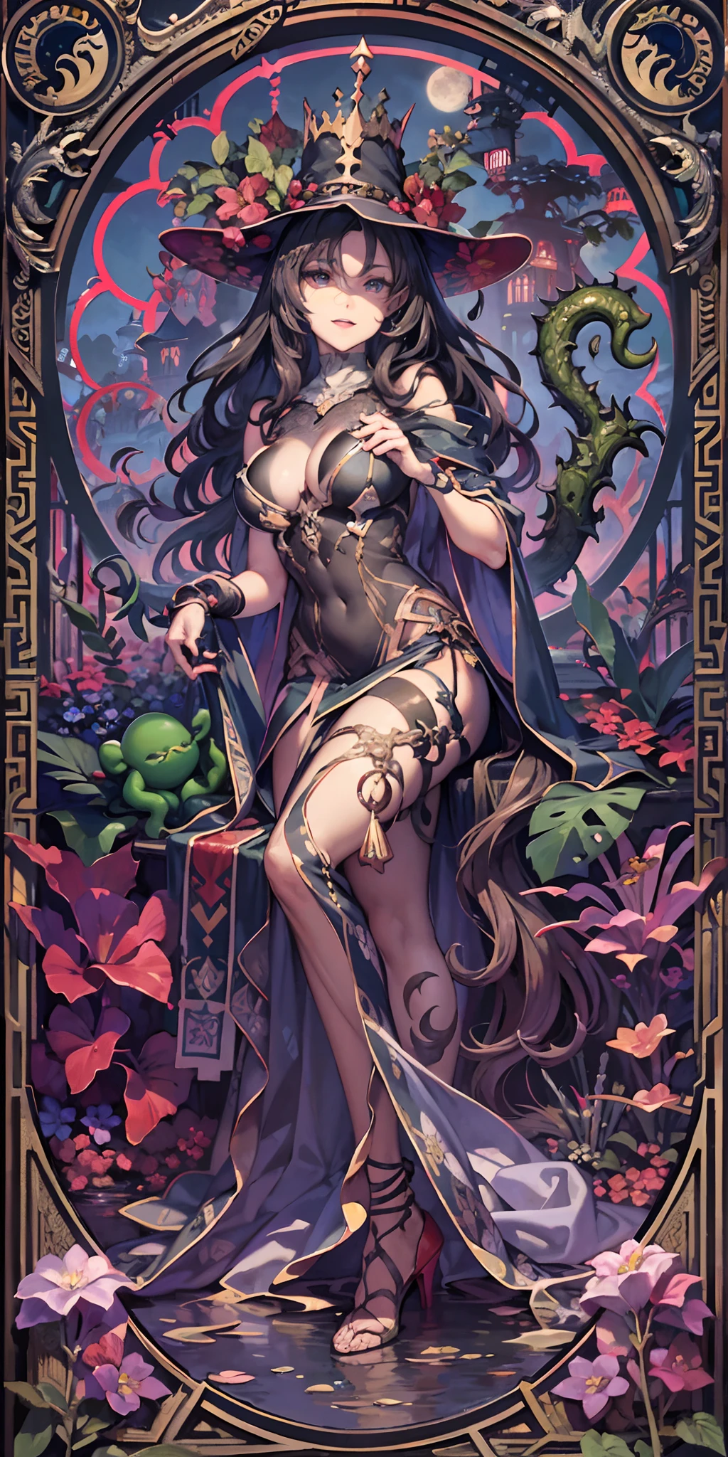 Morgan Feller,Leprechaun of Evil Lake,King Arthur's eldest sister,huge tit,Sitting on the lake,scantily clad,Evil magic,sexy for,Sexual temptation,full bodyesbian,(naked leg:1.5),ssmile,high-heels,Gloomy atmosphere,Black smoke,Cthulhu,Gothic flower stand,Purple decorative panels, abstract artistic, Alphonse Mucha (tmasterpiece, best qualtiy, A high resolution: 1.4), A detailed, Complicated details, 4K, Color splattering, Line art, Fibonacci, (tarot cards),Cards,nigth,Red Moon,Leprechauns in the lake,Purple vines,