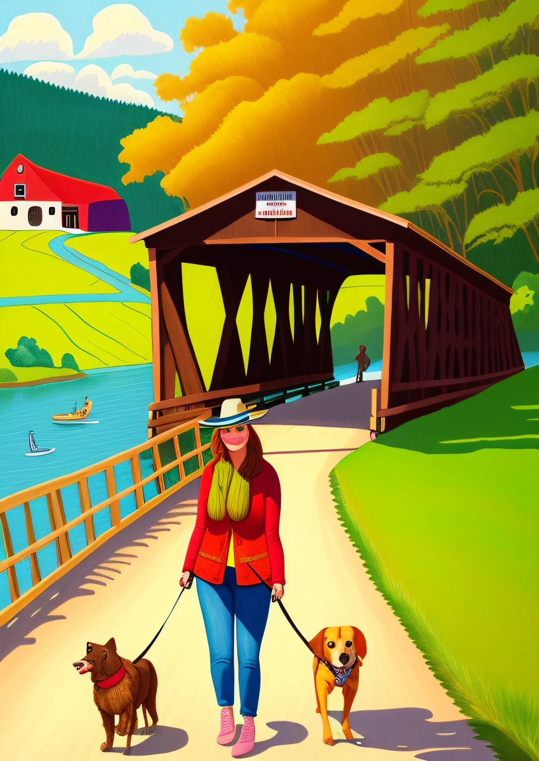 painting of a woman walking her dog on a path in front of a covered bridge, covered bridge, published art, colored illustration, colorful scene, color illustration, cover illustration, full color illustration, walking on an old wood bridge, full color drawing, colorfull illustration, beside the river, color drawing, an illustration, colorful illustration, illustrative art, childrens book illustration