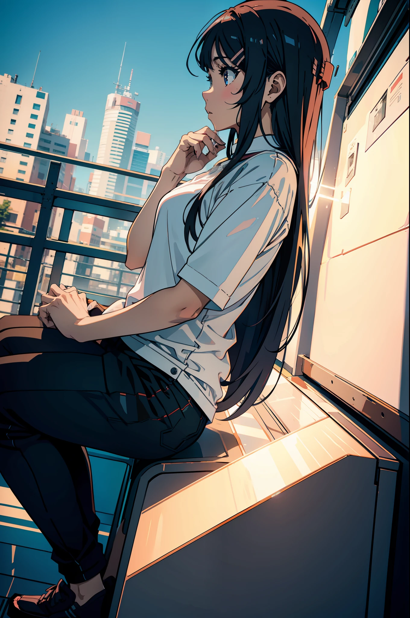 Mai, anime, 2d, sit, cidade, hands straight down, perfil photo