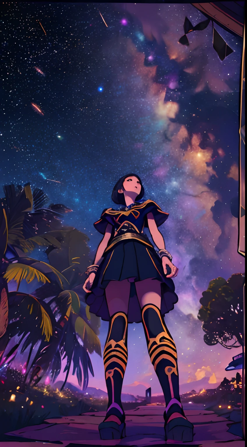 Behold a breathtaking masterpiece of official art, the culmination of artistry and technology, a girl standing beneath a canopy of stars and fireworks, the Milky Way spreading its cosmic canvas, an atmosphere of enchantment and elegance, Photography, fisheye lens capturing the grandeur of the sky, every detail in top quality