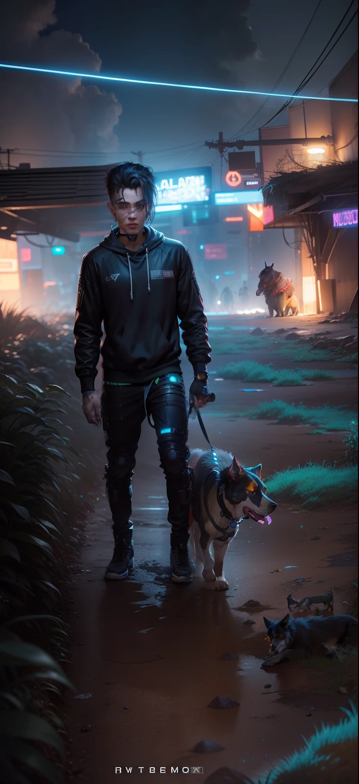 Cyberpunk handsome boy ultra realistic with dog HDR