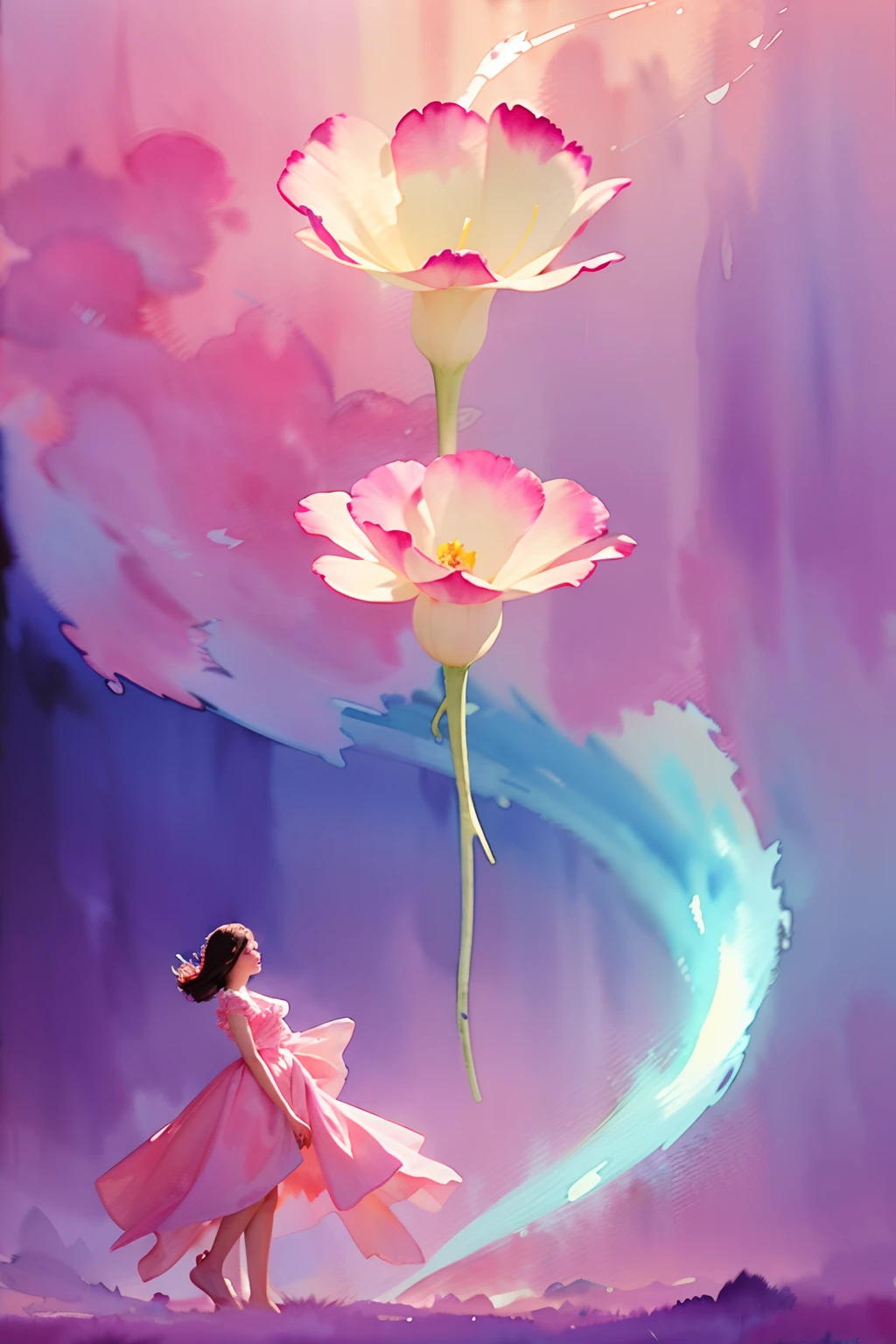 1girl,flower, Lisianthus ,in the style of light pink and light azure, dreamy and romantic compositions, pale pink, ethereal foliage, playful arrangements,fantasy, high contrast, ink strokes, explosions, over exposure, purple and red tone impression , abstract, ((watercolor painting by John Berkey and Jeremy Mann )) brush strokes, negative space,