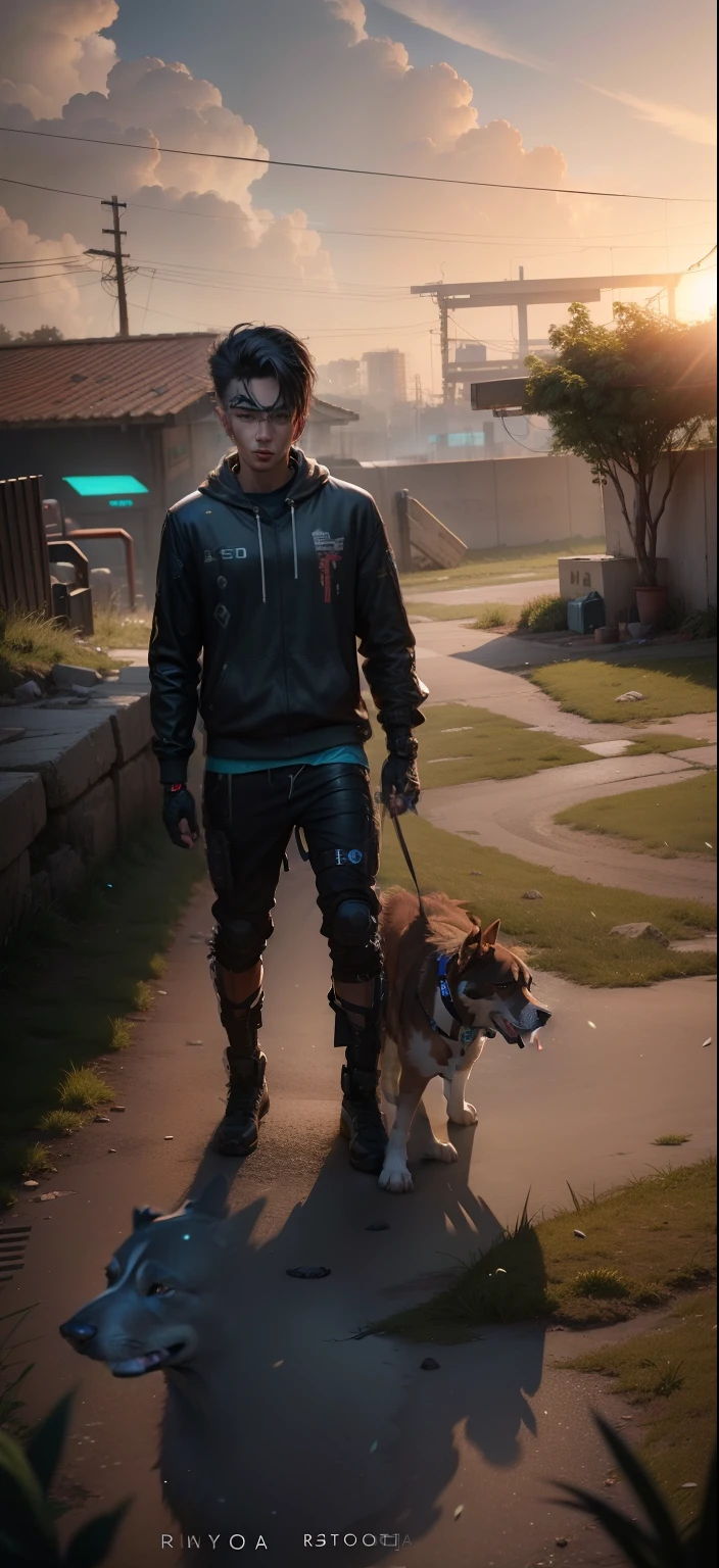 Cyberpunk handsome boy ultra realistic with dog HDR