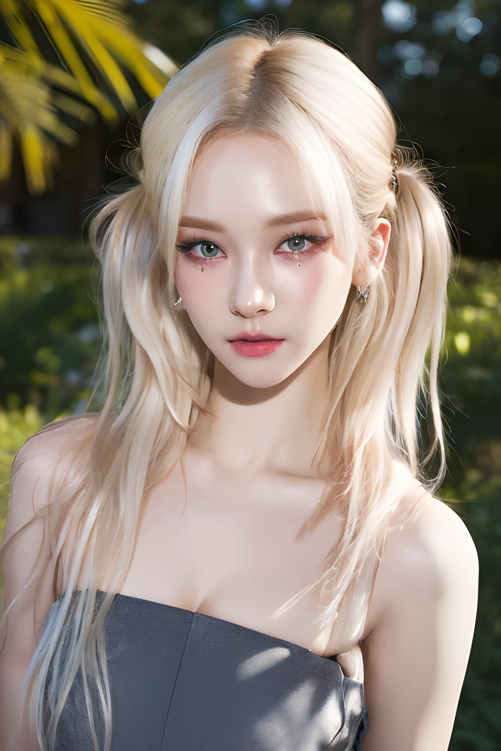 (8k, 4k, best quality, highres, ultra high res:1.1), (masterpiece, realistic, photo-realistic:1.1), 1girl, face, close-up, twintails, blonde hair, black eyes, red lips, (looking at viewer:2), absurdly long hair, long eyelashes, eyeshadow, small face, big eyes,
bare shoulders,
high contrast,