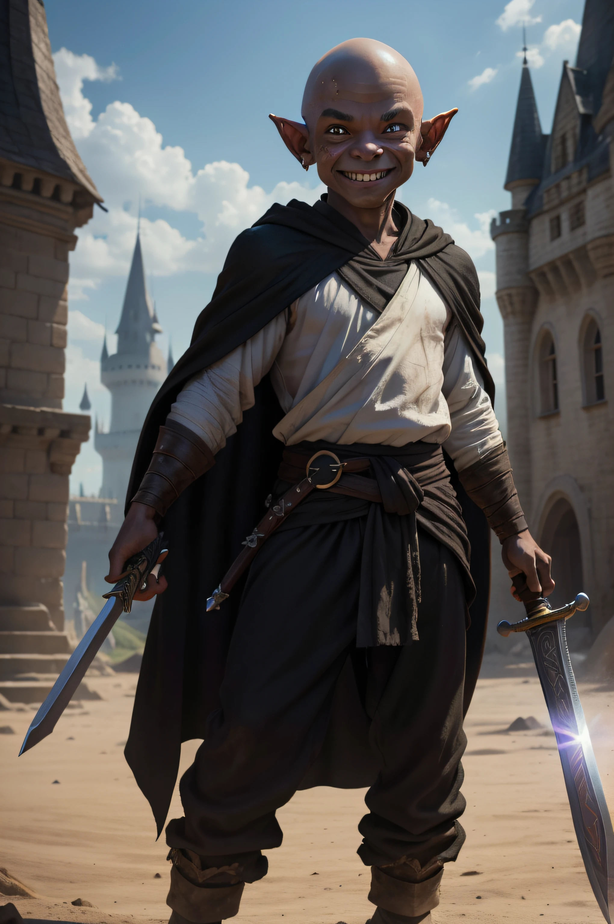 young goblin warrior, small height, evil smile, no hair, human colour skin, white dirty shirt, black robe, sword, black 80s pants, castle on the background, high res, ultrasharp, 8K, masterpiece