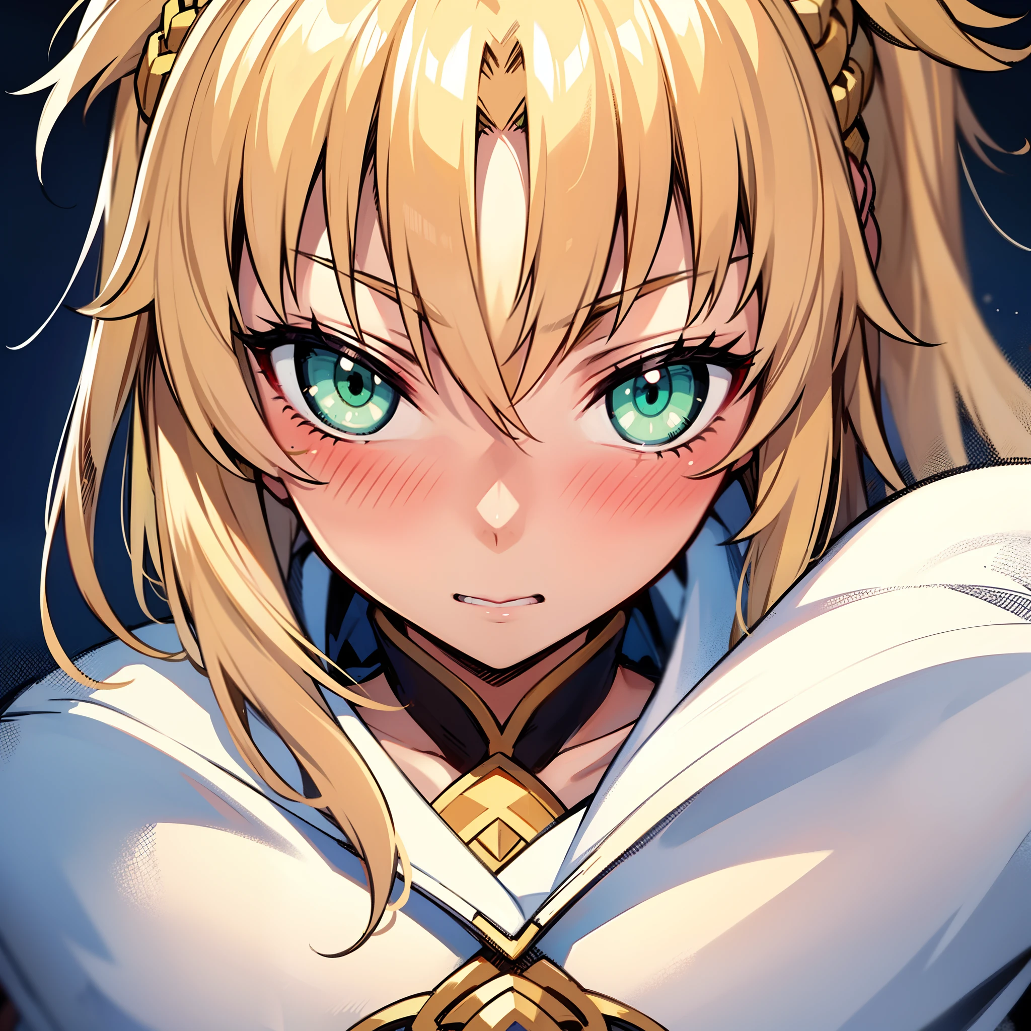 Beautiful, Masterpiece, Best Quality, extremely detailed face, perfect  lighting, mordred \(fate\), 1girl, 独奏, pony tail, Green eyes, braid, Portrait, half closed eyes, blushful, confusion, Shy