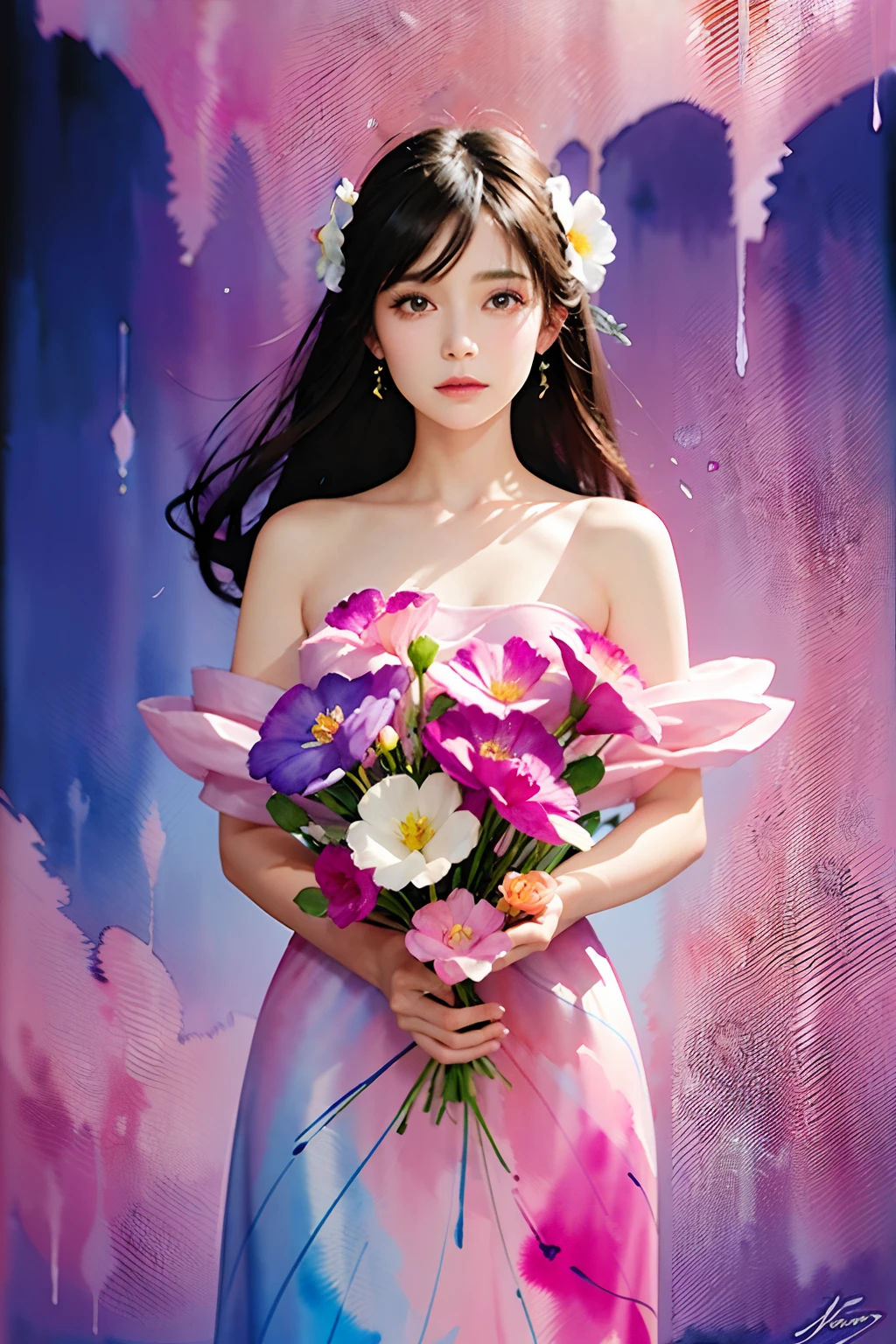 1girl,flower, Lisianthus ,in the style of light pink and light azure, dreamy and romantic compositions, pale pink, ethereal foliage, playful arrangements,fantasy, high contrast, ink strokes, explosions, over exposure, purple and red tone impression , abstract, ((watercolor painting by John Berkey and Jeremy Mann )) brush strokes, negative space,
