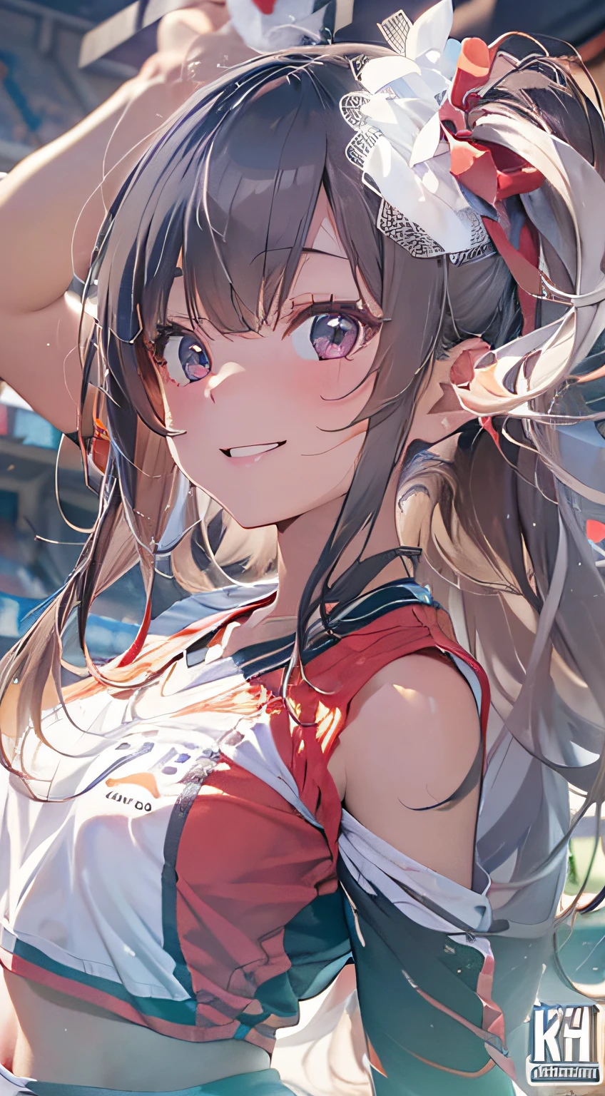 (1cheer girl:1.3)、(stadio:1.5)、(tiny chest:1.4)、a closeup、Raw photography, top-quality, hight resolution, (masterpiece), (Photorealsitic:1.4), Anime Cosplay, foco nítido, nffsw, 8K分辨率, intricate detailes, depth of fields, the Extremely Detailed CG Unity 8K Wallpapers, front lit, Smile、(A slender:1.3)、(Shot from directly below:1.5)、Wear a baseball cap on your head、see -through、Cheerleading pom-poms in hand、(stick out buttocks:1.4)