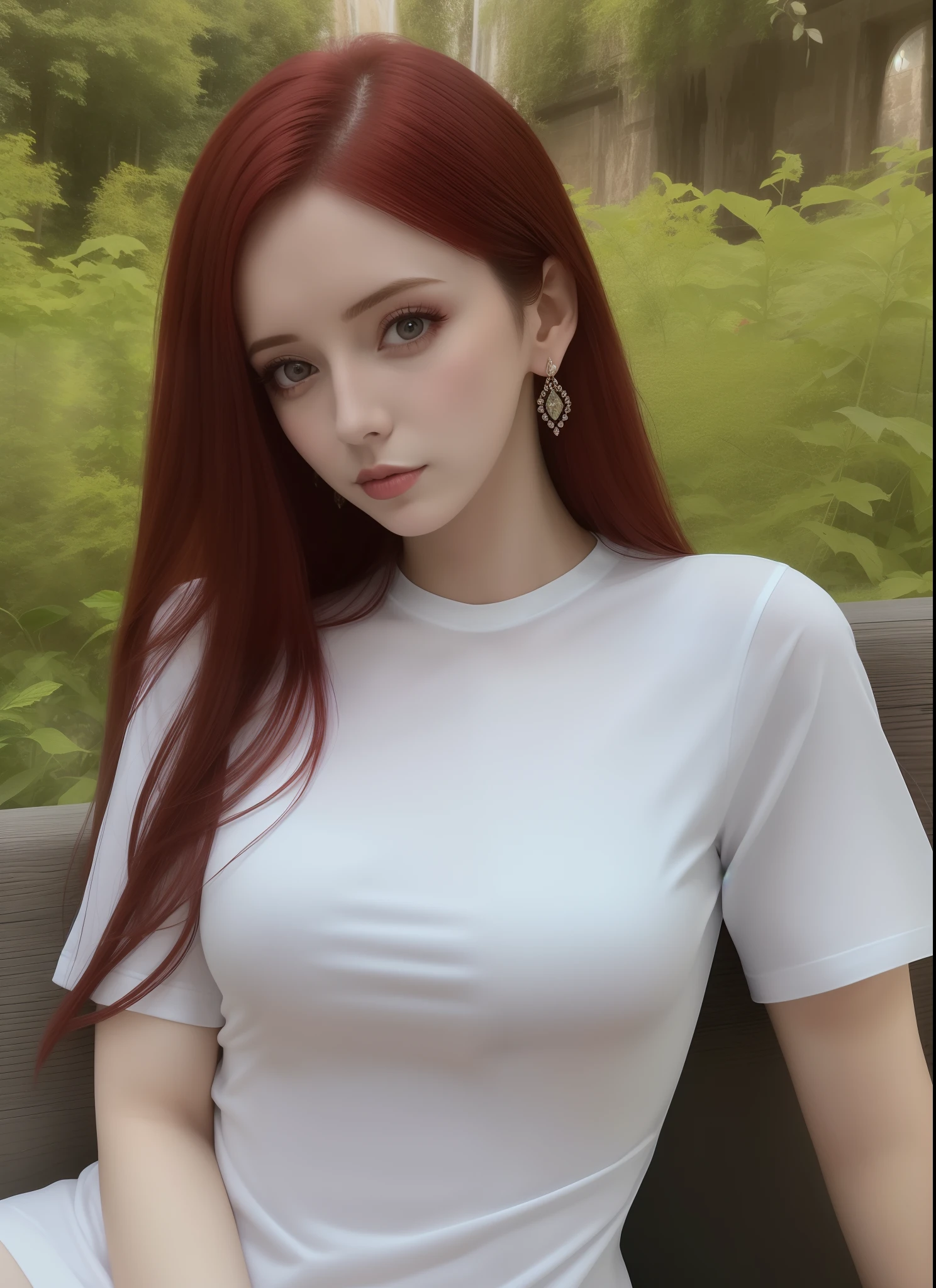 nordic young woman, cute face, seductive, best quality, masterpiece, Starbucks uniform with pleated mini skirt, golden hour, detailed textures, long braded hair, leaning against the wall, posing, intimate pose, hotel room, interior, [blush], aesthetic, intricate, caustics, light rays, sunlight, (((soft lips))), (((glossy lips))), highly detailed, (semi-realistic:1.2), niloudef, red hair