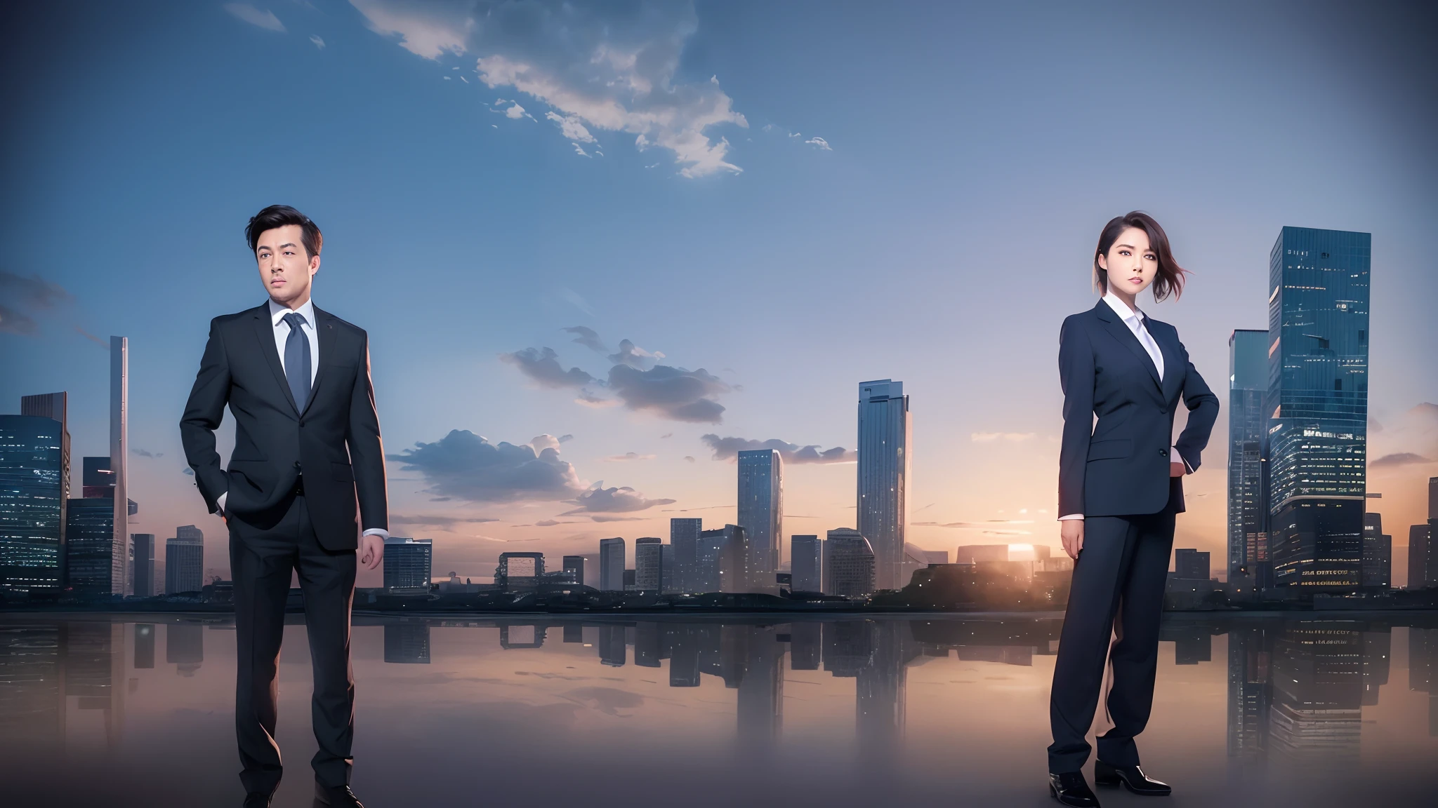 A manga of a man and a woman standing together in business clothes, corporate animation style, Background(Solid), isolated Backdrop, Two people, without text, Man and woman, Clear background, a variety of poses, clear silhouette, business surrounding, rotoscoped, 2 people, Two characters, wide establishing shot, professional background, with two characters, Male and female