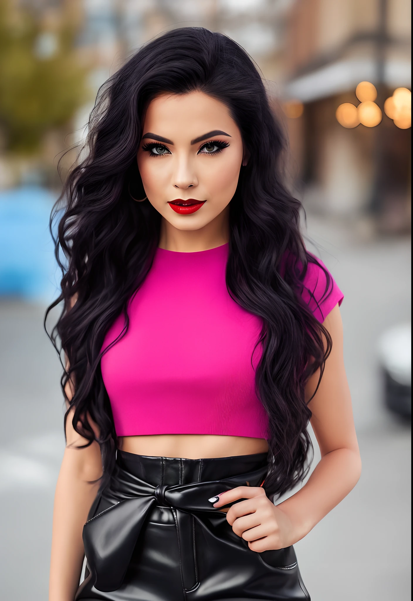 An image of a brunette woman with dark black hair, full-body shot, in 3D quality, resembling a real photograph.
She's wearing black pants, has long hair down to her waist, and is positioned facing forward.
She's wearing a black boot with light blue crepe details. Her nails are painted pink, and she's wearing bold, dark red lipstick and eyeliner.
The scene is set at night, with smoke in the background. She's holding a machine gun.
Her hair is loose and she has a serious and stern expression.
She has a beautiful face with delicate features, wearing strong red lipstick and a nose piercing.
Her face has blush applied. The image should look realistic and well-lit.
She's wearing combat pants.
Behind her, there's a Mercedes, but the background should be slightly blurred.