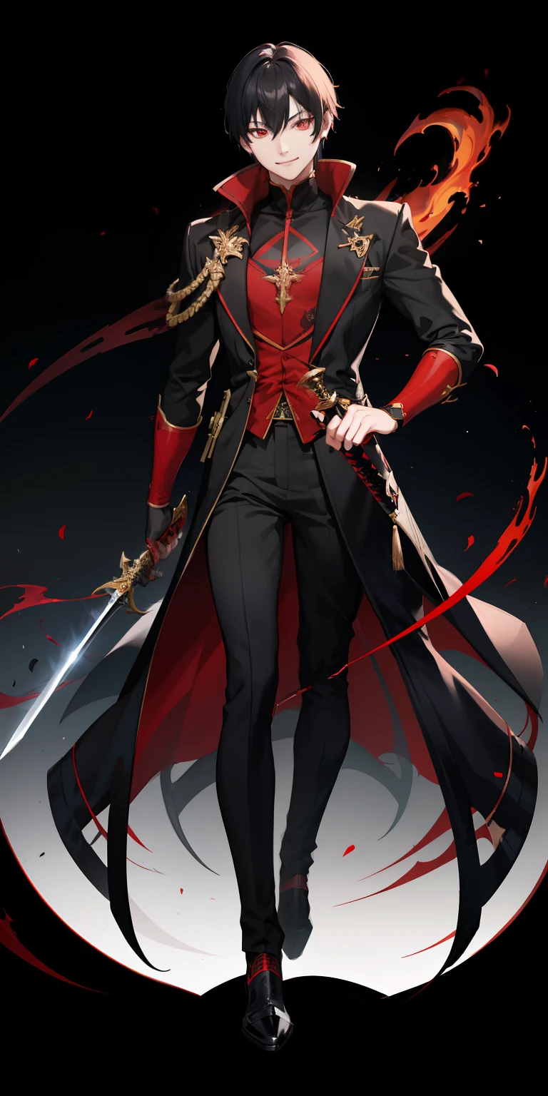 1boy, red eyes, black hair, evil smile, full body, potrait, holding A sword