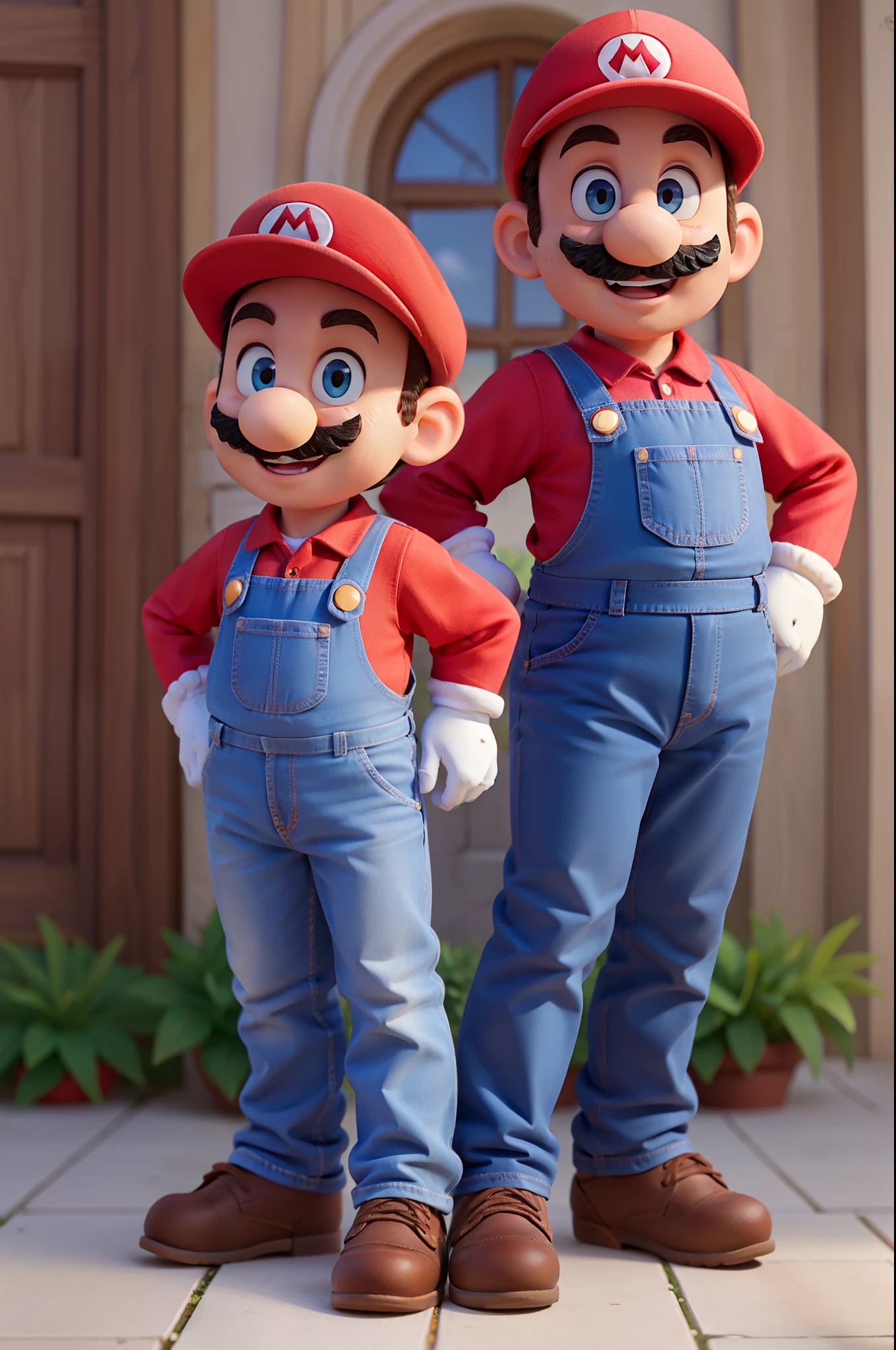 Make a father dressed as Super Mario and his son in a similar outfit