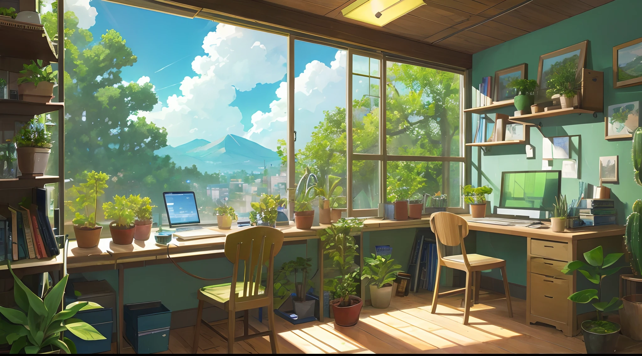 a desk, green plants, panoramic windows nature view, blue sky highly detailed, intricate details, objects like monitor keyboard, 4 pictures on the wall, containers of succulents, books, astrolabe, cacti in containers, by ghibli anime style