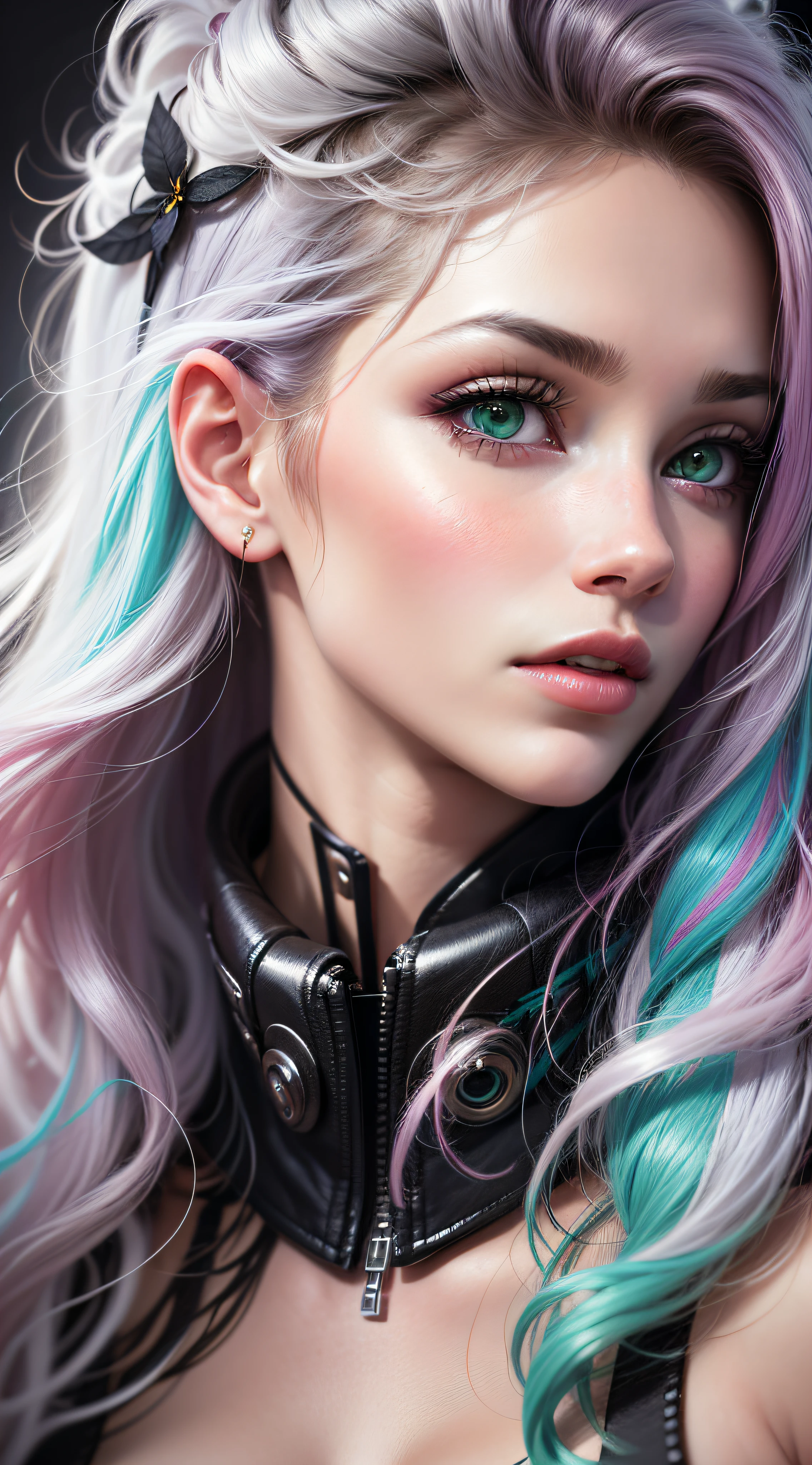 'Close up portait beautiful girl, prated hair, green eyes, in modern fighting costume, hyper realistic, pastel colors, complementary colors, soft colors, vibrant colors, dramatic colors, vaporwave, retrowave, black and white, colorfull, artochrome, highly detailed, 4K'