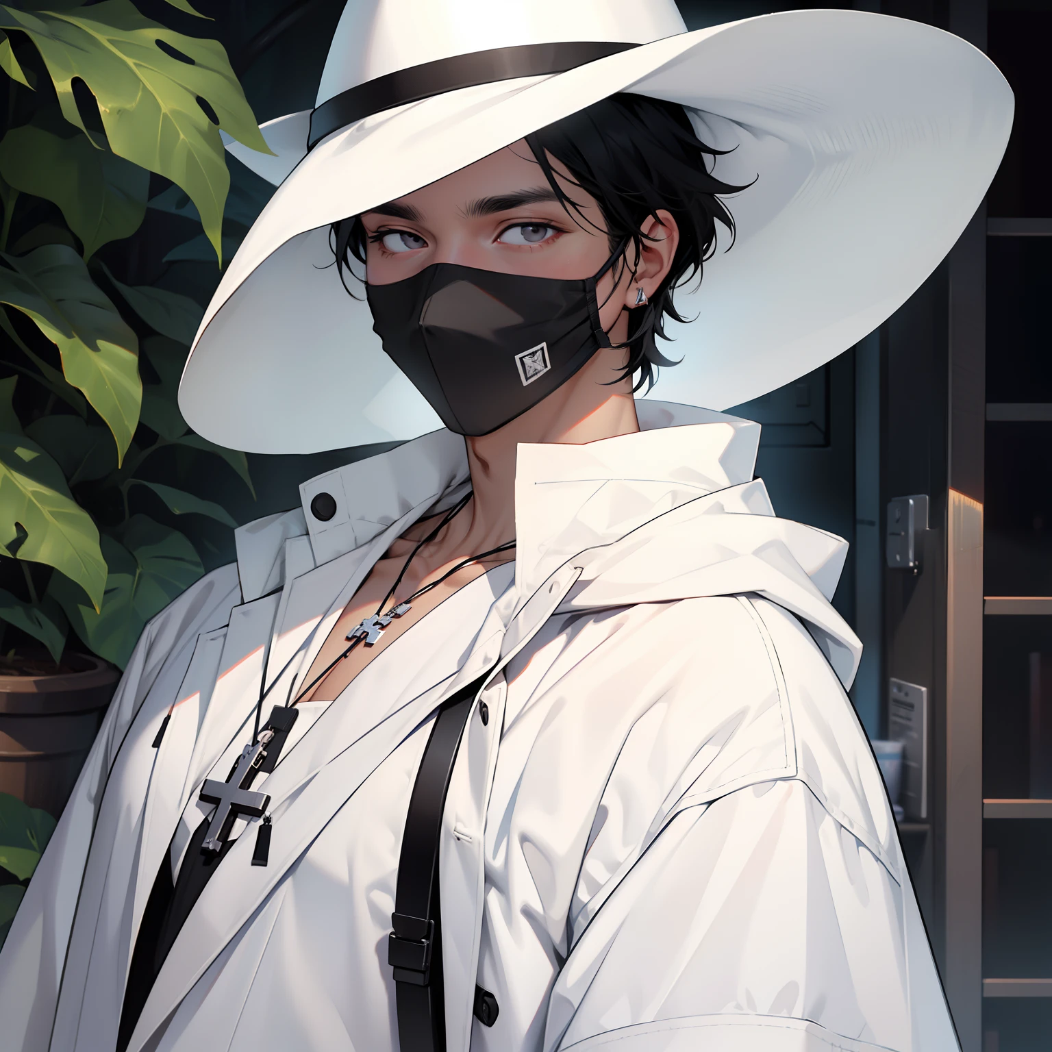 White sombrero, black nose mask, light skinned, cross necklace, white lab coat, Black hair