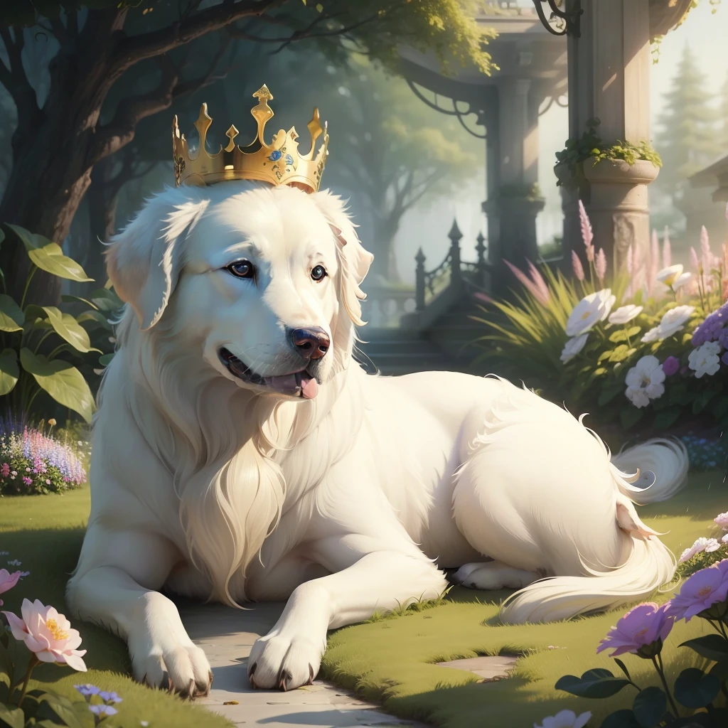 a Dog White Golden Retriever、big eye、Realistic、masterpiece、top-quality、realisitic、natural landscape、Elaborate fractal forest、Jeweled crown、high detal、A hyper-realistic、Fantasia、Garden in the flower garden、Golden Rain