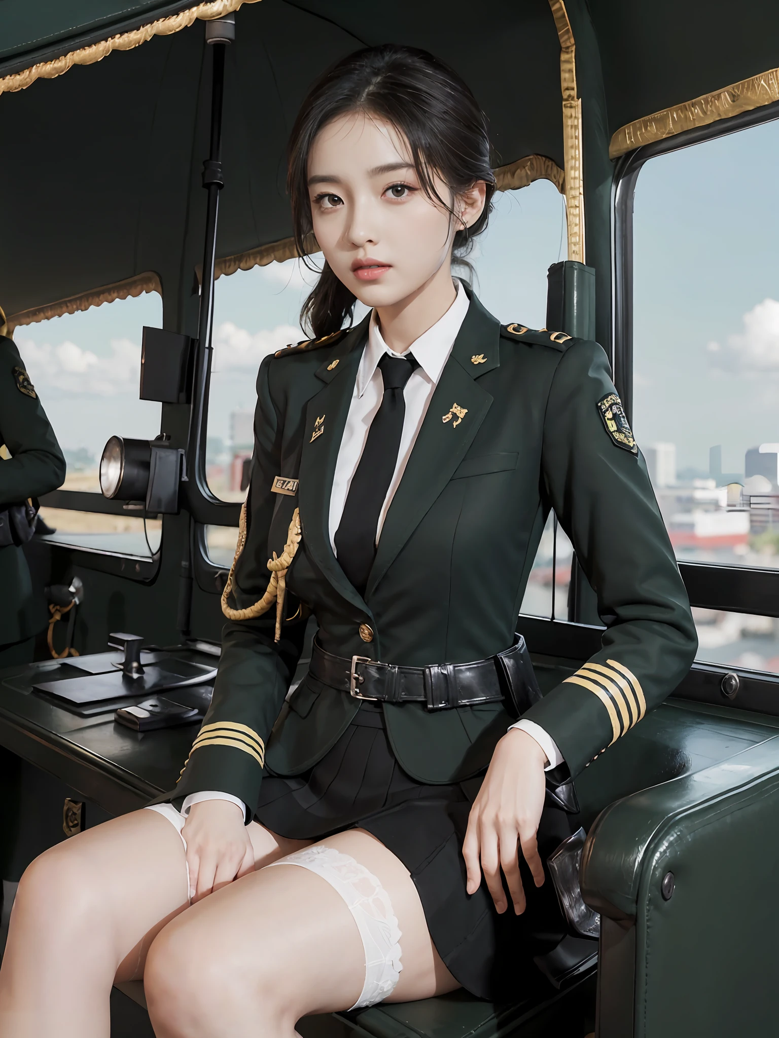 Very detailed CG unity 8K wallpaper，（tmasterpiece），（best qualtiy），（ultra - detailed），（Ultra photo realsisim），（best character detail：1.36），Nikon D750 f / 1.4 55mm，profesional lighting， physically-based renderingt, 1girll, Female soldier，army suit，Green military uniform，Fabric texture military uniform，Dark green tie，Army green skirt，military hat，Black hair，the golden ratio,[:(com rosto detalhado:1.2):0.2]:,PureErosFace_V1, broad shoulder,(Bigchest:1.5),(big assa:1.5)，Wide buttock ，Bare legged，Plump legs，Move the center of gravity back，Squat on the grass，Spread your legs apart，The skirt covers the bottom of the skirt，whitestocking，Small black leather shoes，hands lying on thighs，Soaked with sweat，red flags，At the cafe，Night Street，bright sun，Look at the audience from the front，Bright smile，White teeth，lighting，Contre-Jour，