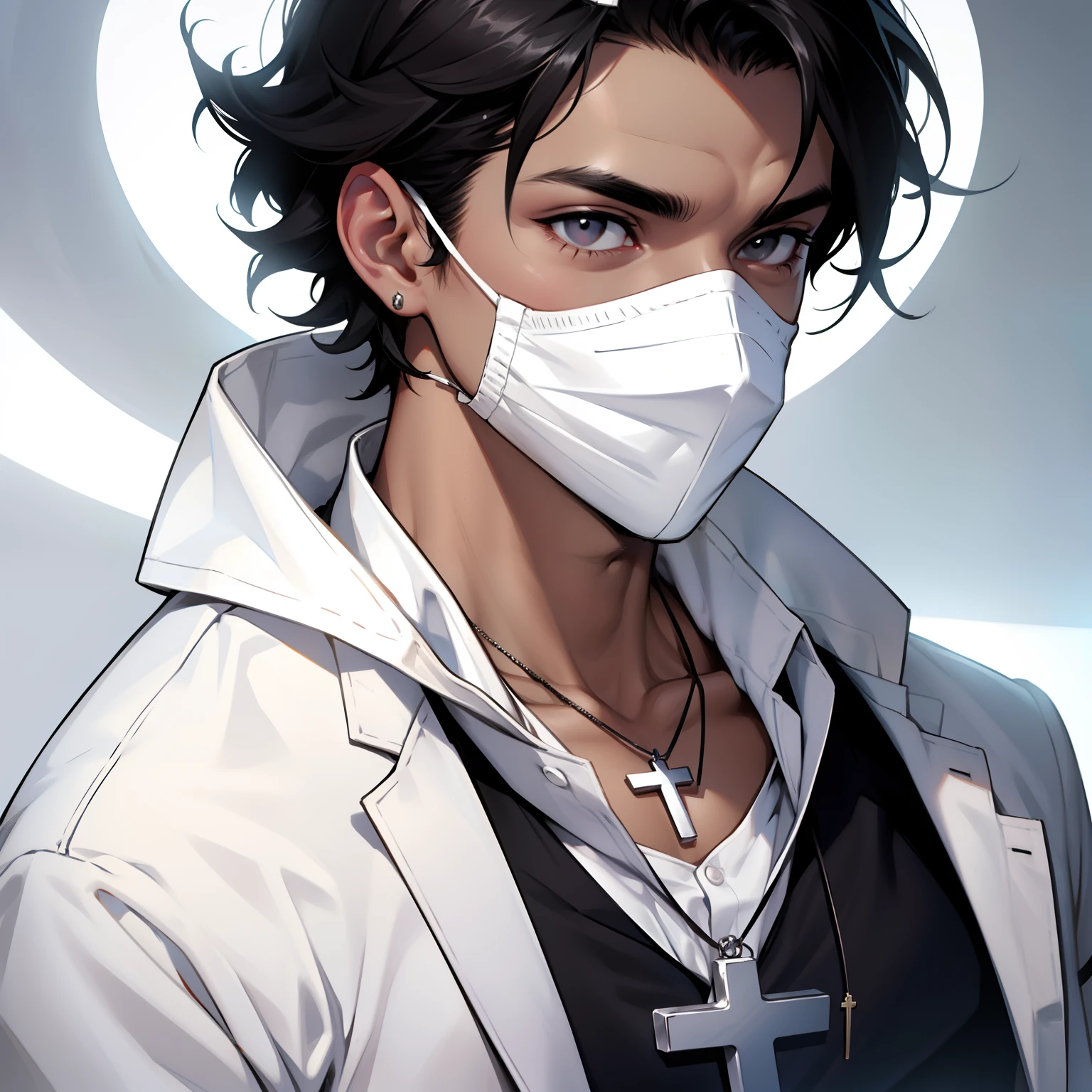 White sombrero, black nose mask, light skinned, cross necklace, white lab coat, Black hair