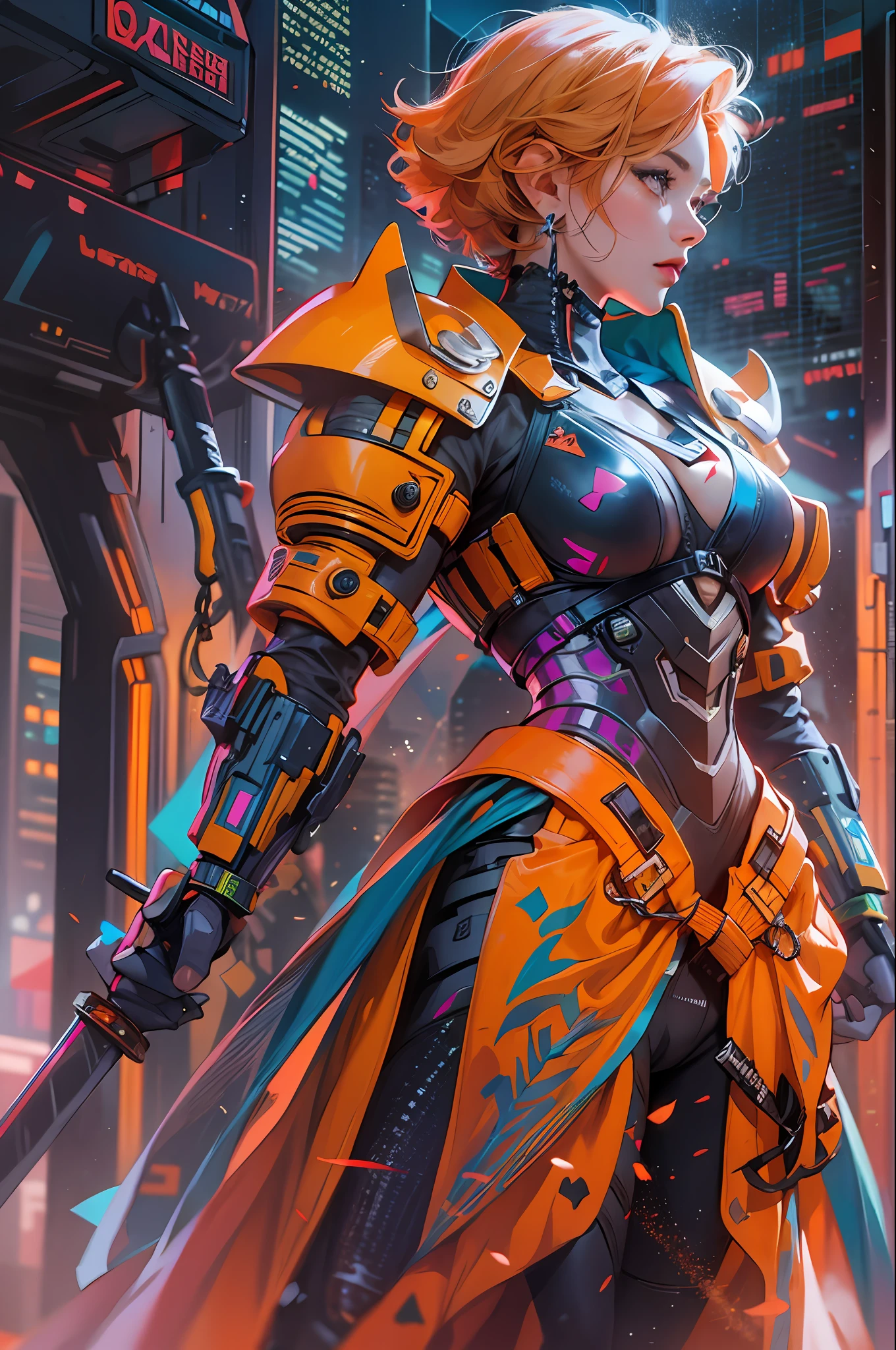 Beautiful princess, cyberpunk, dressed in armor, wielding medium-sized sword, short orange hair, hyper realistic, well-detailed face, vivid colors, dramatic colors, vaporwave, retrowave, colorful, artochrome, extremely detailed, 4k