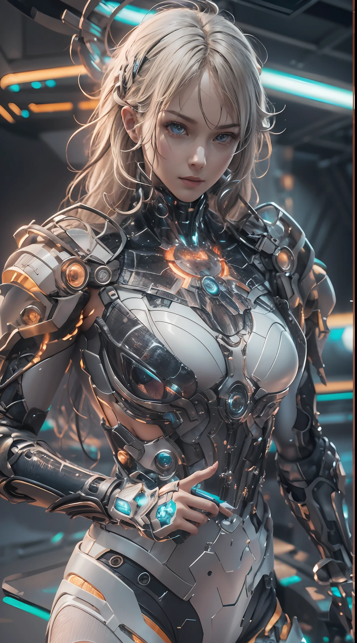 ((best qualtiy)), ((tmasterpiece)), (the detail:1.4), 3D, A beautiful cyberpunk female image,HDR（HighDynamicRange）,Blonde hair 1.3，Ray traching,NVIDIA RTX,Super-Resolution,Unreal 5,Subsurface scattering、PBR Texture、post-proces、Anisotropy Filtering、depth of fields、maximum definition and sharpness、Many-Layer Textures、Albedo e mapas Speculares、Surface Coloring、Accurate simulation of light-material interactions、perfectly proportions、Octane Render、Two-colored light、largeaperture、Low ISO、White balance、the rule of thirds、16K RAW、