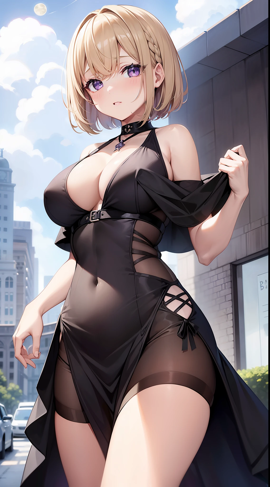 young girl, short blonde hair, Bob hairstyle, violet eyes, Black and white tight magic dress, open belly, open breasts, Wide neckline, The Sun and the Moon, Masterpiece, hiquality